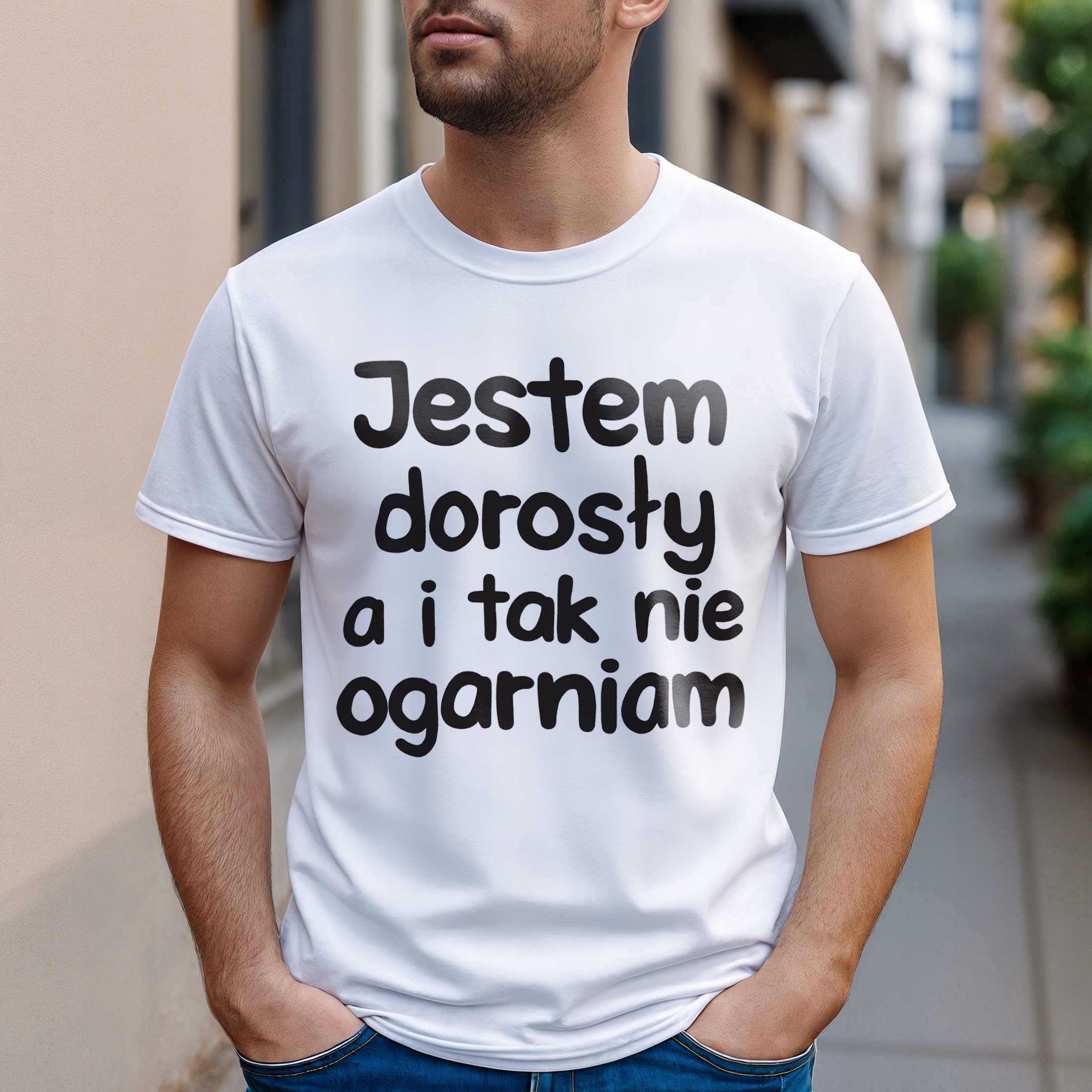 Koszulka biała męska Jestem Dorosły Nie Ogarniam Zabawny Prezent