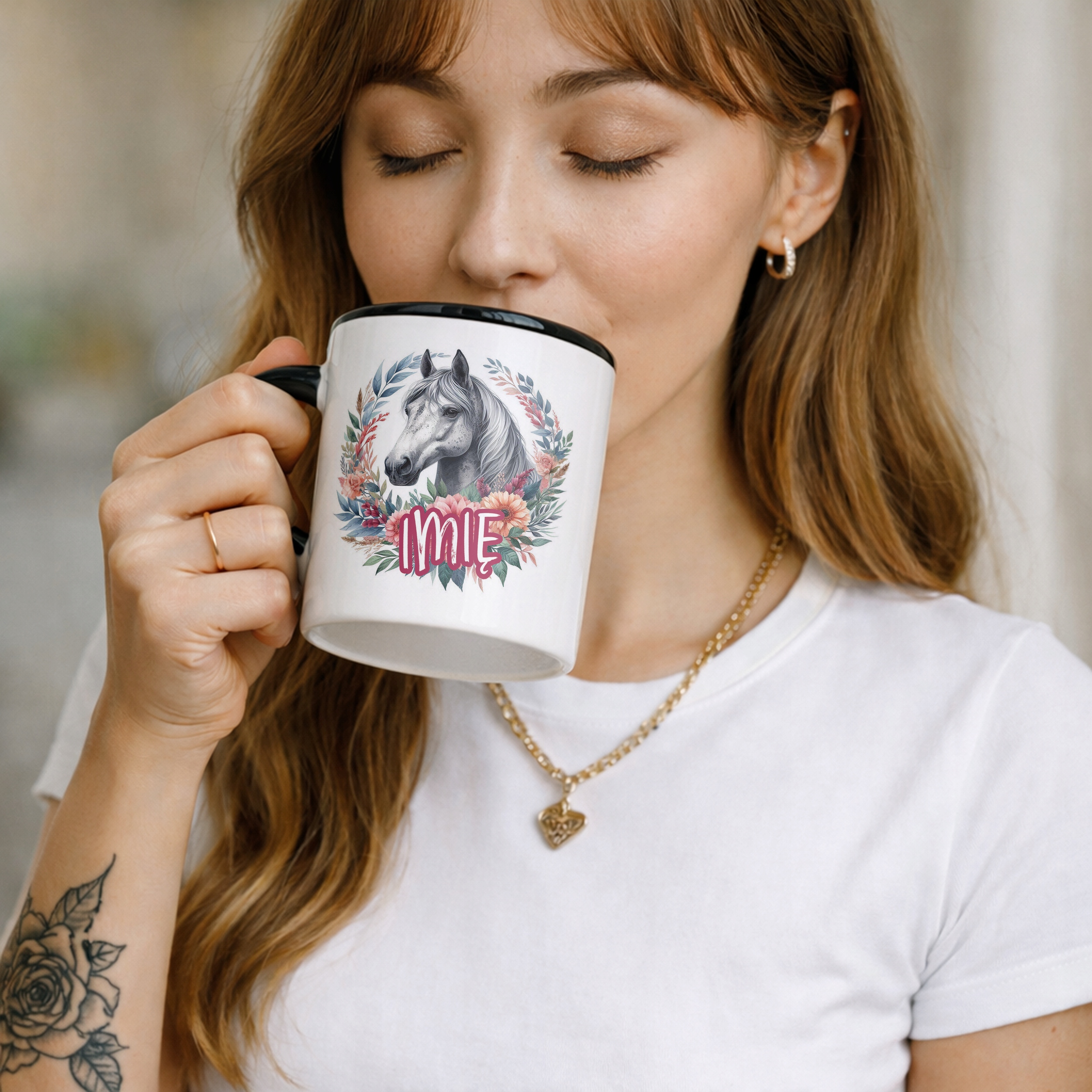 Kubek Czarny Personalizowany Z Koniem Koń Słodki Dla Dzieci Prezent