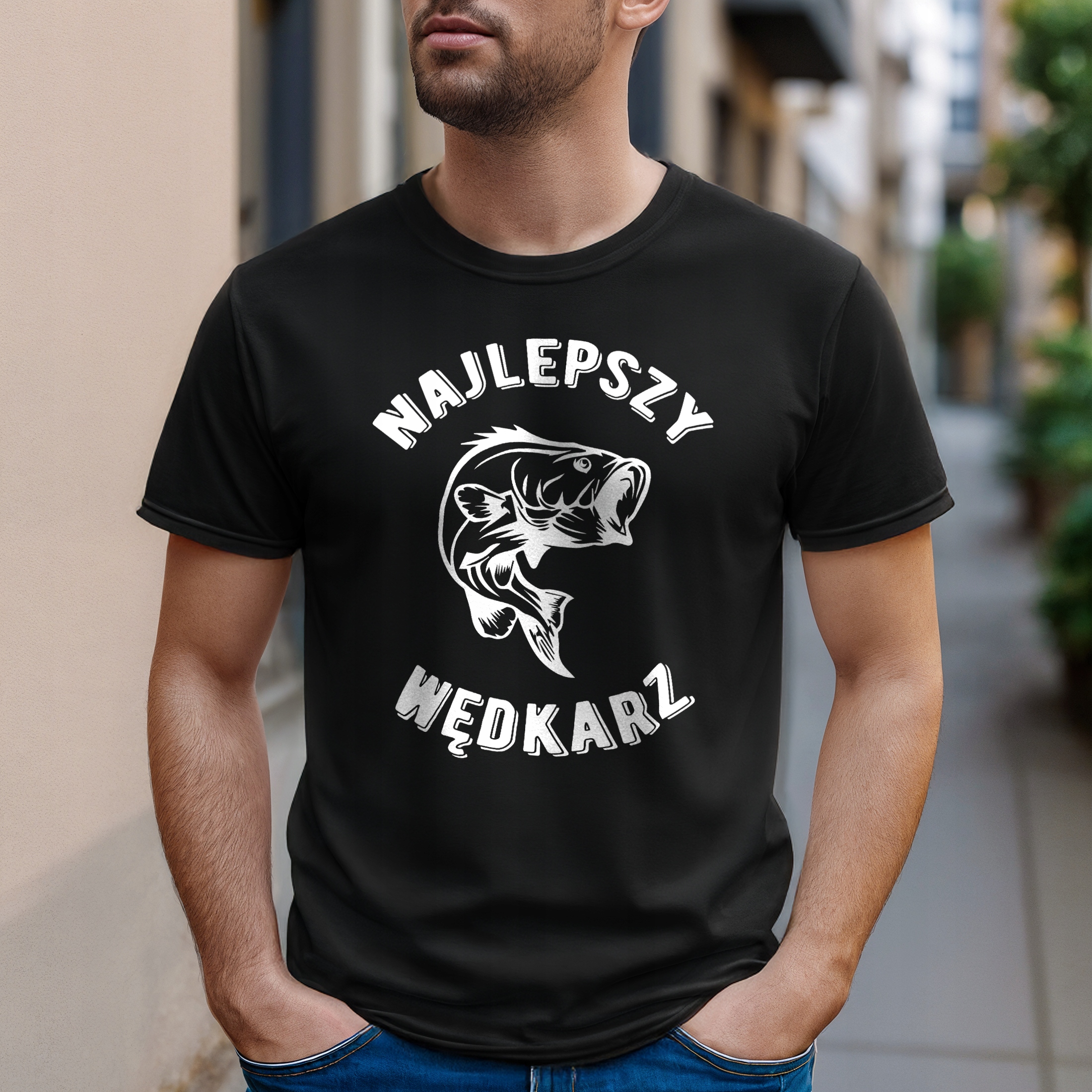 Koszulka czarna męska Dla Wędkarza Wędkowanie Ryby Prezent