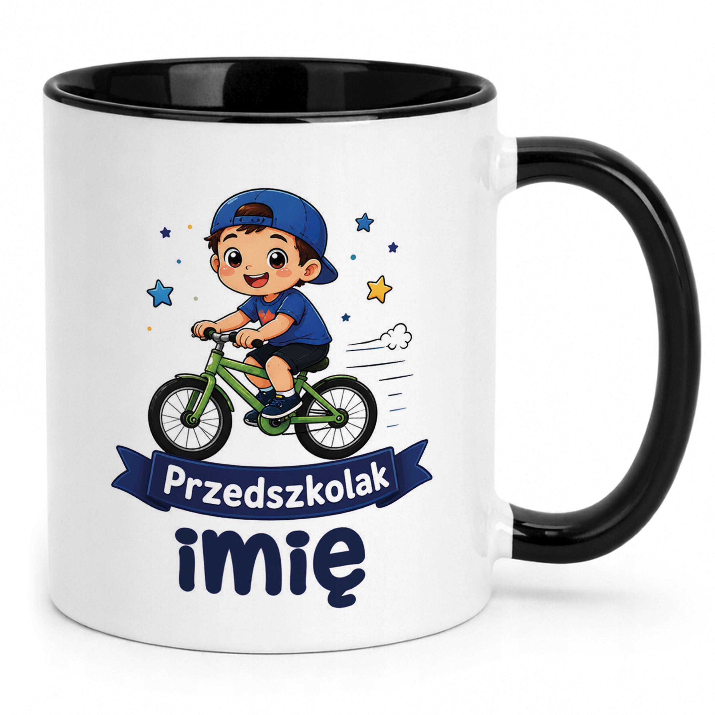 Zestaw Personalizowany Plecak Worek Kubek Czarny Przedszkolak Rower