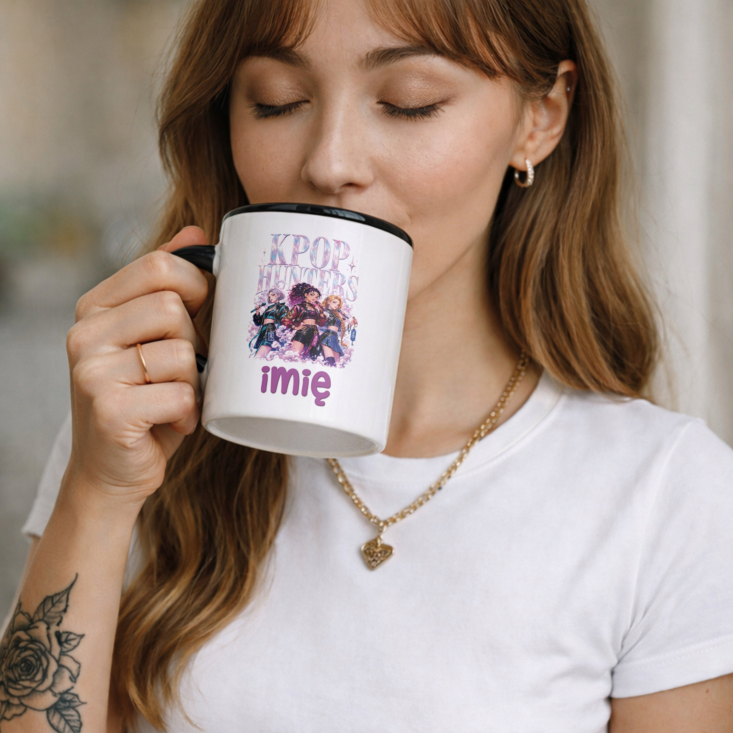 Zestaw Personalizowany Kubek Czarny Poduszka Łowczynie Kpop Prezent