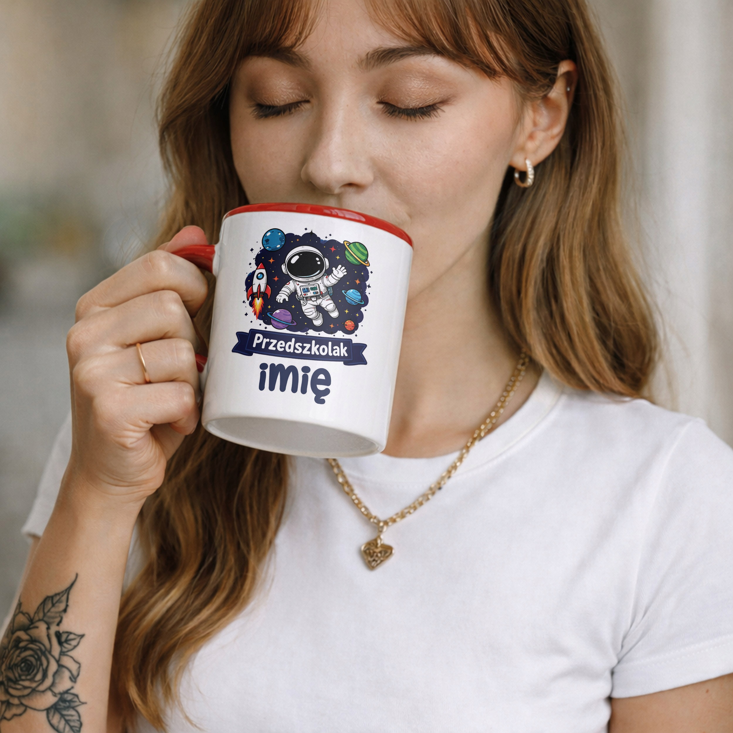 Zestaw Personalizowany Kubek Czerwony Poduszka Przedszkolak Astronauta