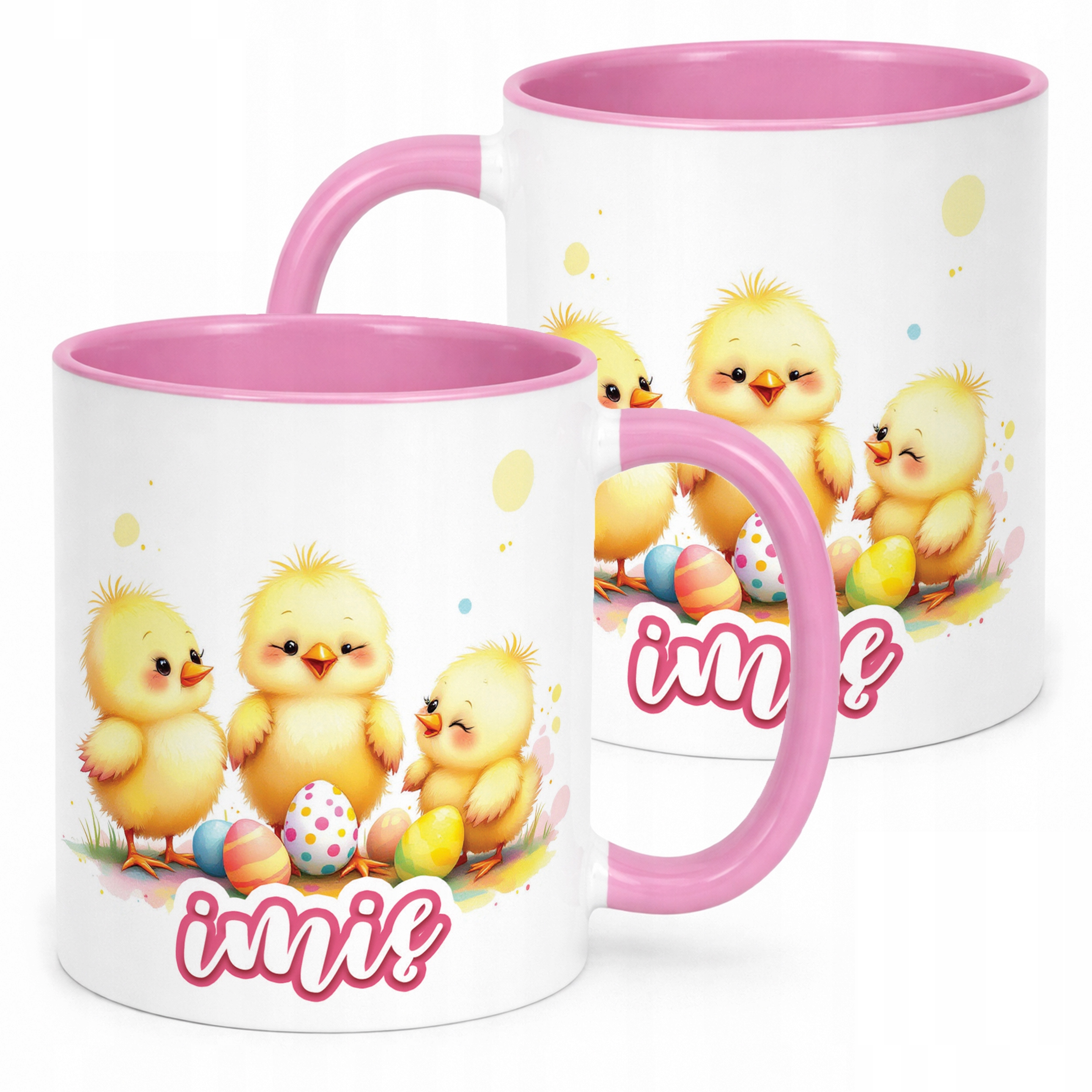Kubek Różowy Personalizowany Wielkanoc Kurczaki Pisanki