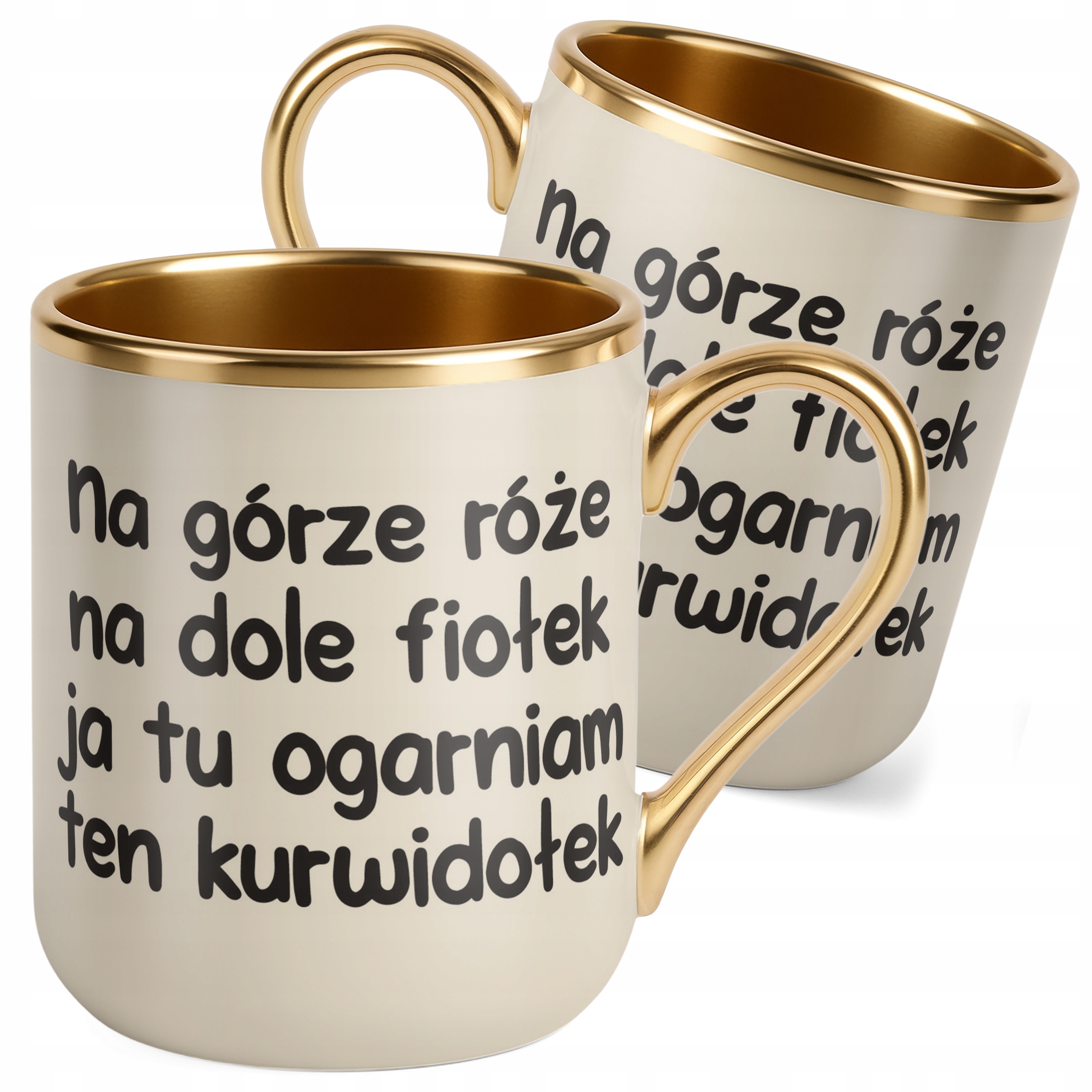 Kubek Premium Złoty Ecru Na Górze Róże Na Dole Fiołek Śmieszny Zabawny
