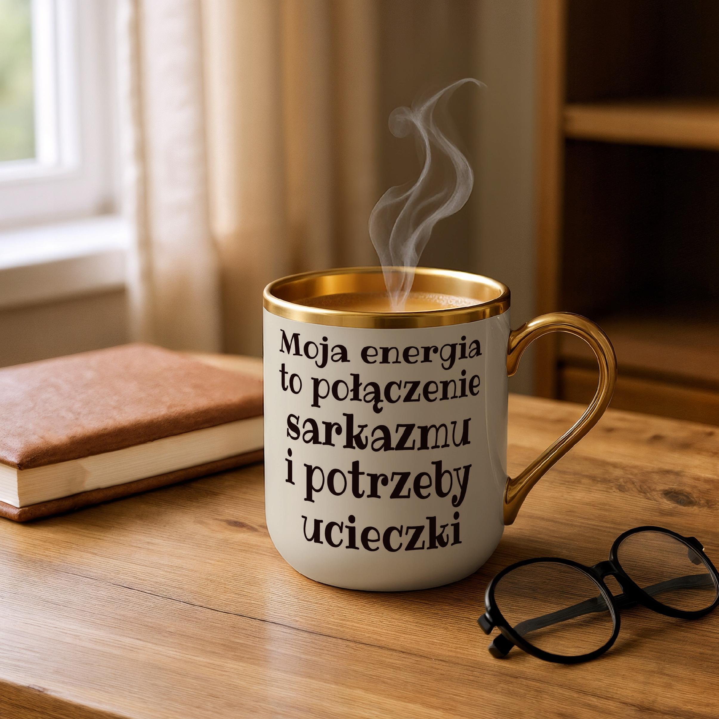 Kubek Premium Złoty Ecru Moja Energia To Połączenie Prezent