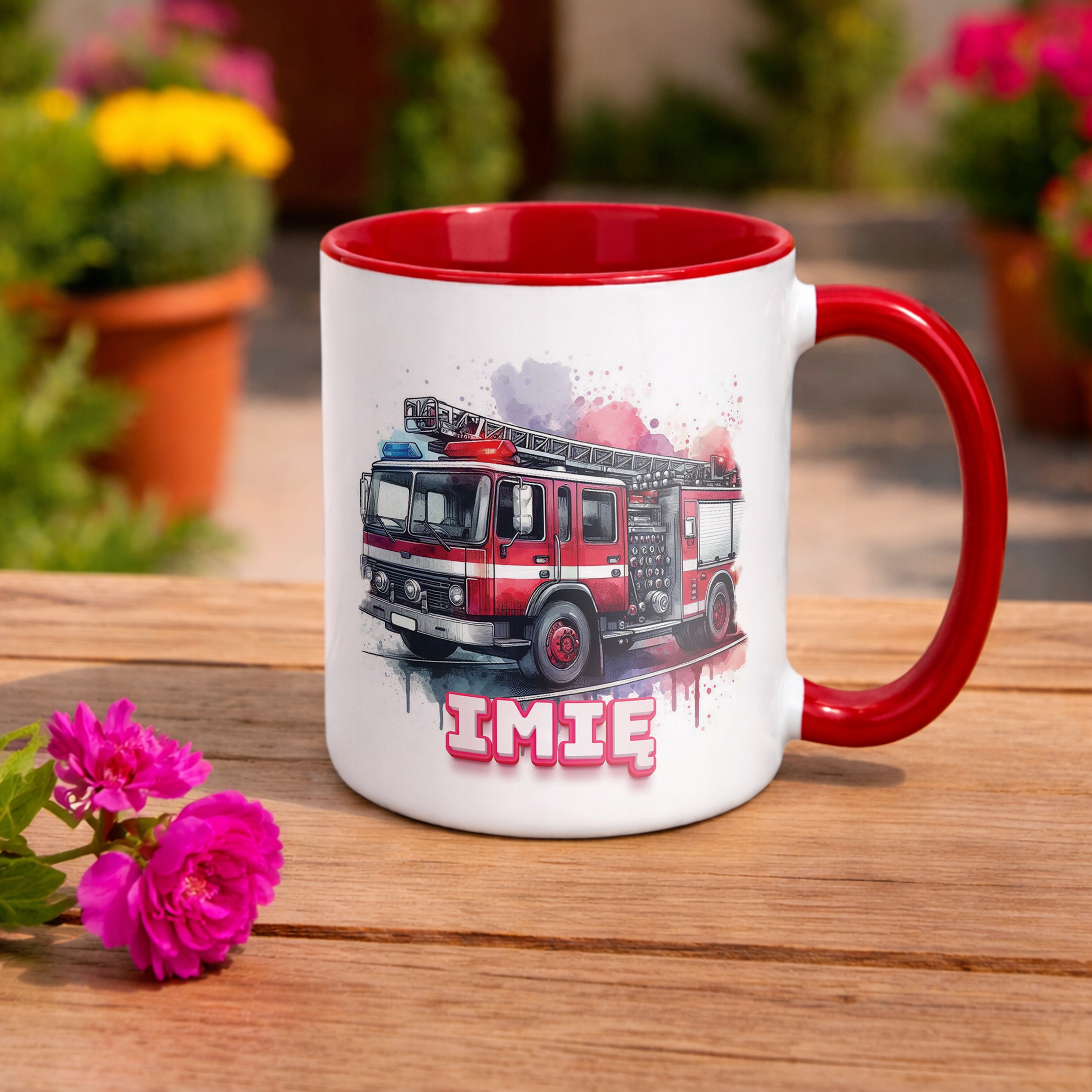 Kubek Czerwony Personalizowany Dla Strażaka Wóz Strażacki Prezent
