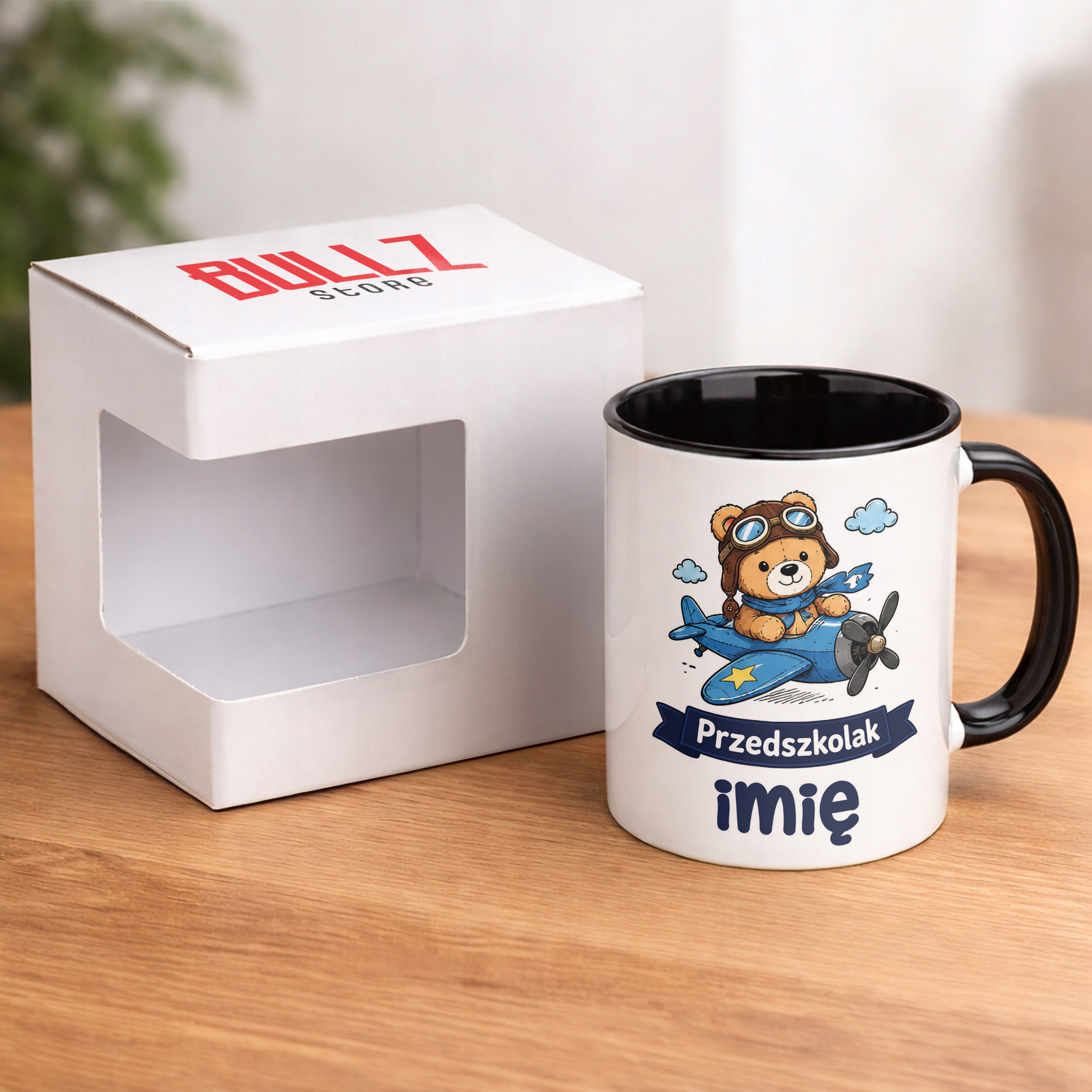 Zestaw Personalizowany Kubek Czarny Poduszka Przedszkolak Miś
