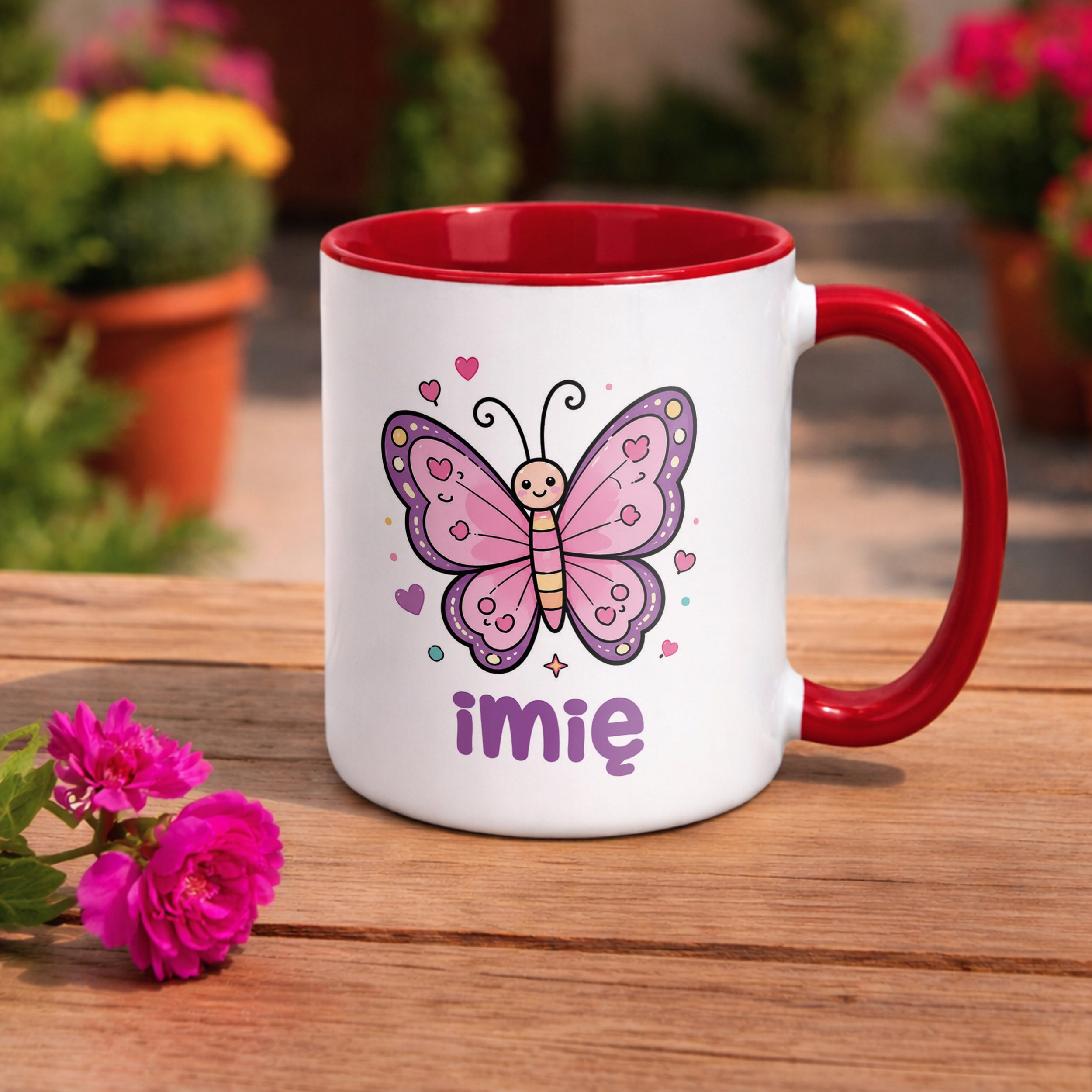 Kubek Czerwony z nadrukiem personalizowany Uroczy Motylek Prezent