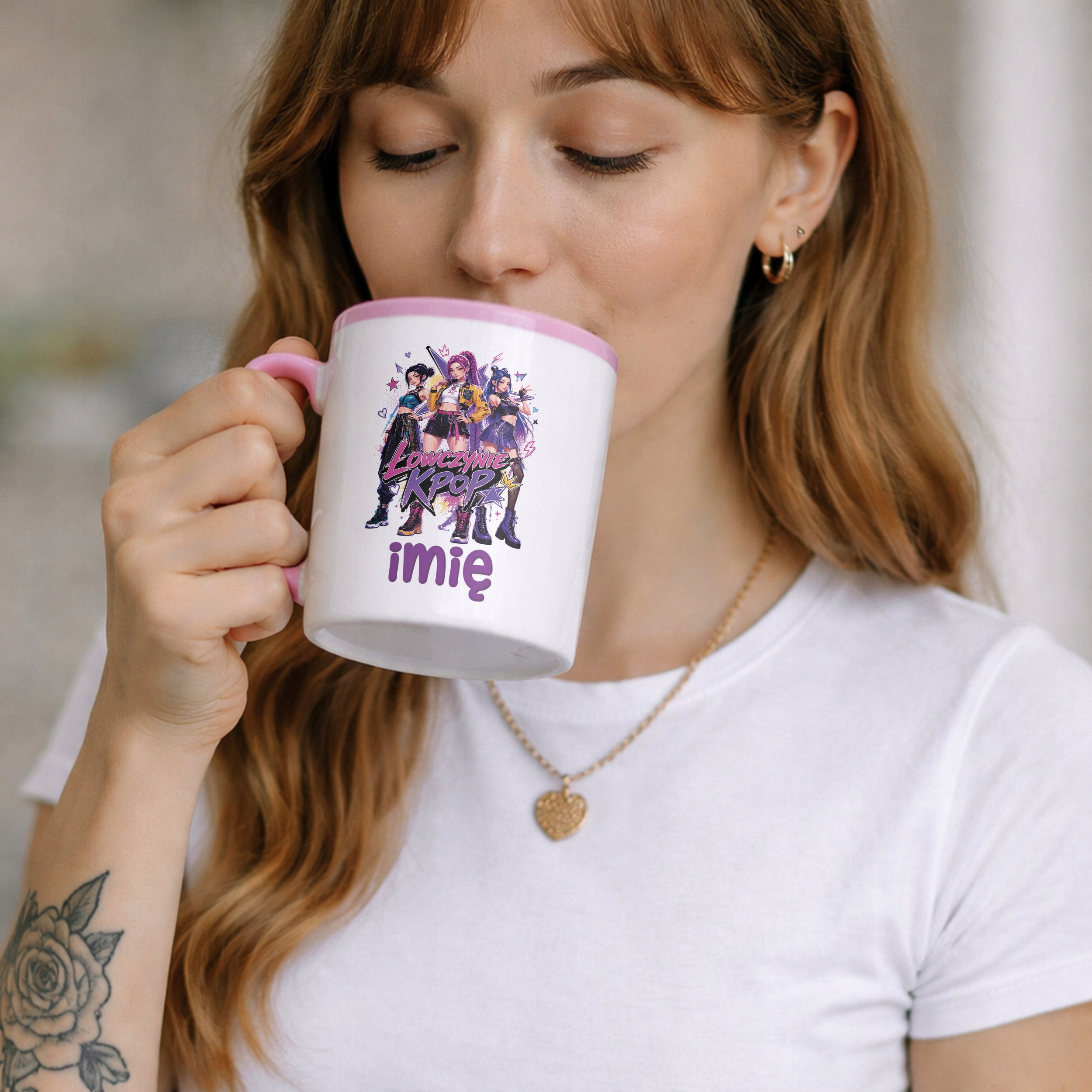 Zestaw Personalizowany Plecak Worek Kubek Różowy Łowczynie Kpop Prezent