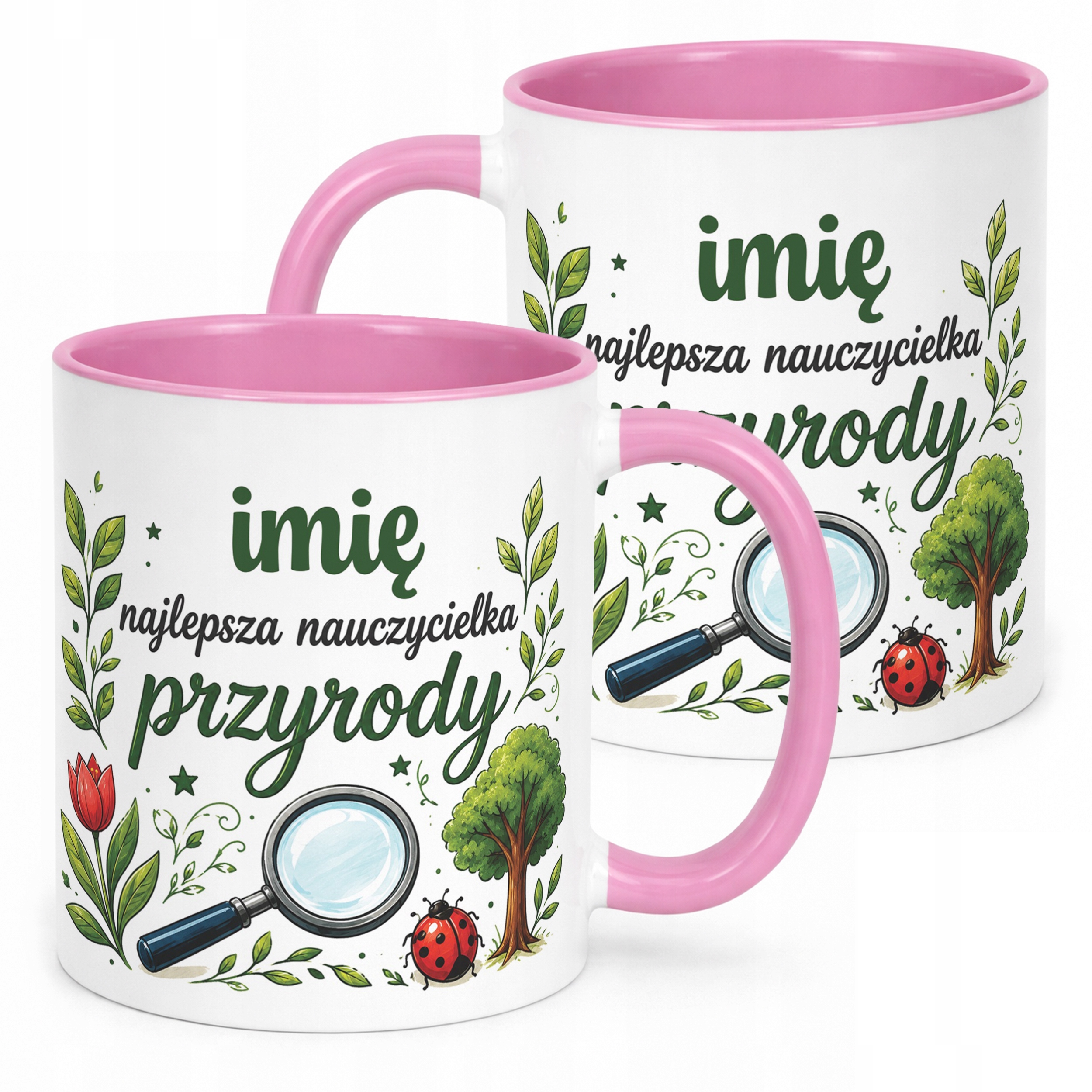 Kubek Różowy z Imieniem Dzień Nauczyciela Przyroda Prezent