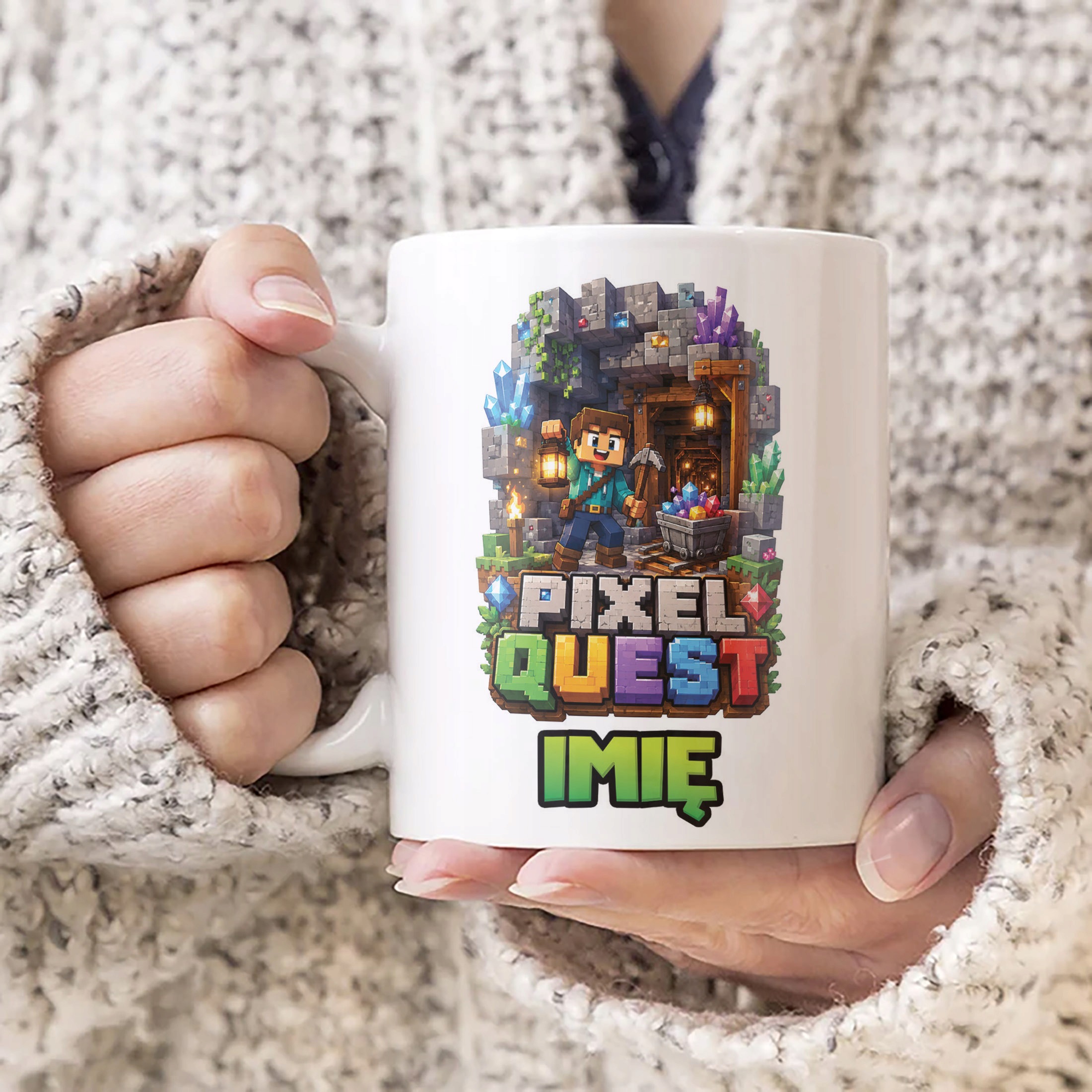 Biały Kubek z nadrukiem personalizowany PIXEL Gra Dla Dzieci Prezent