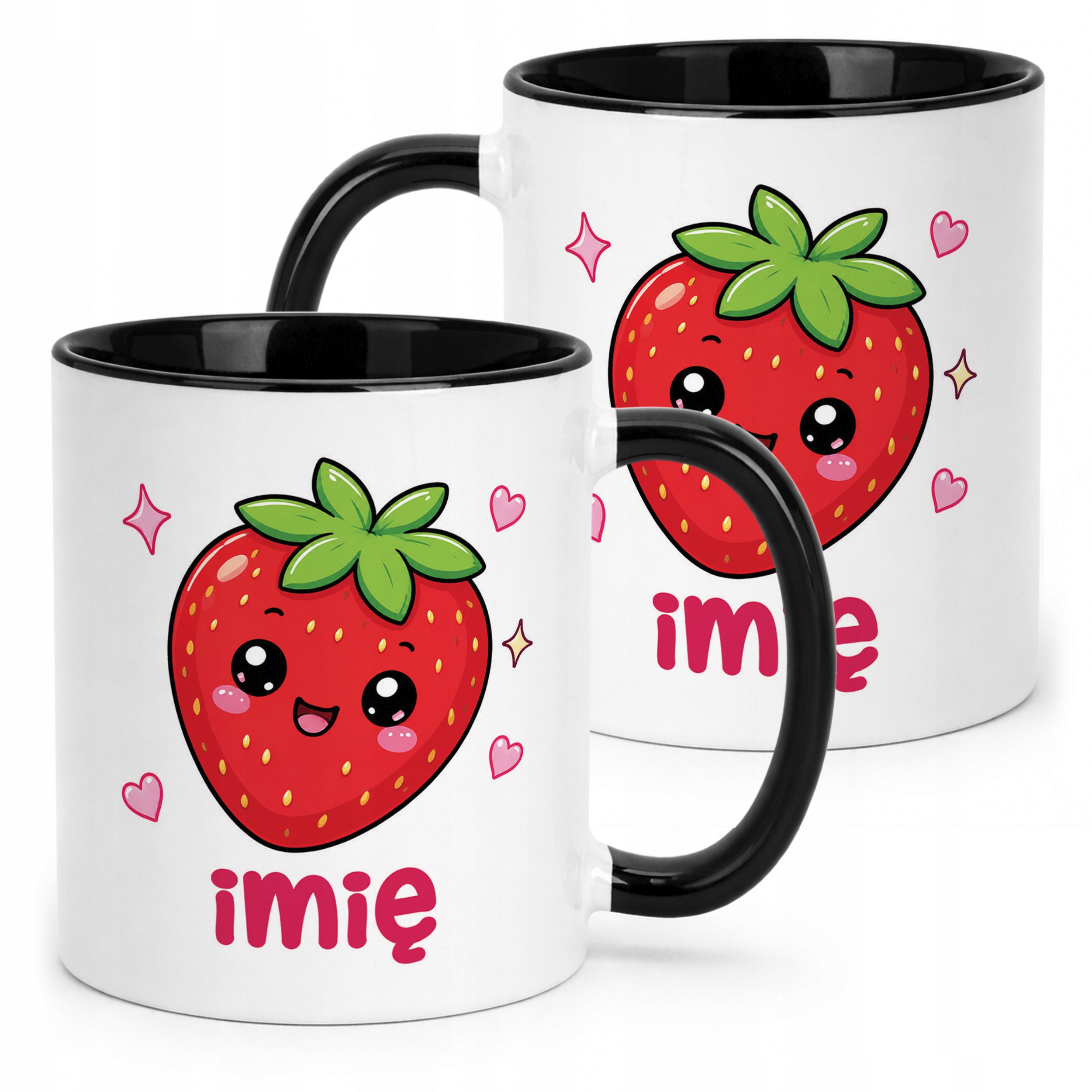 Kubek Czarny z nadrukiem personalizowany Kawaii Truskawka Dla Dzieci