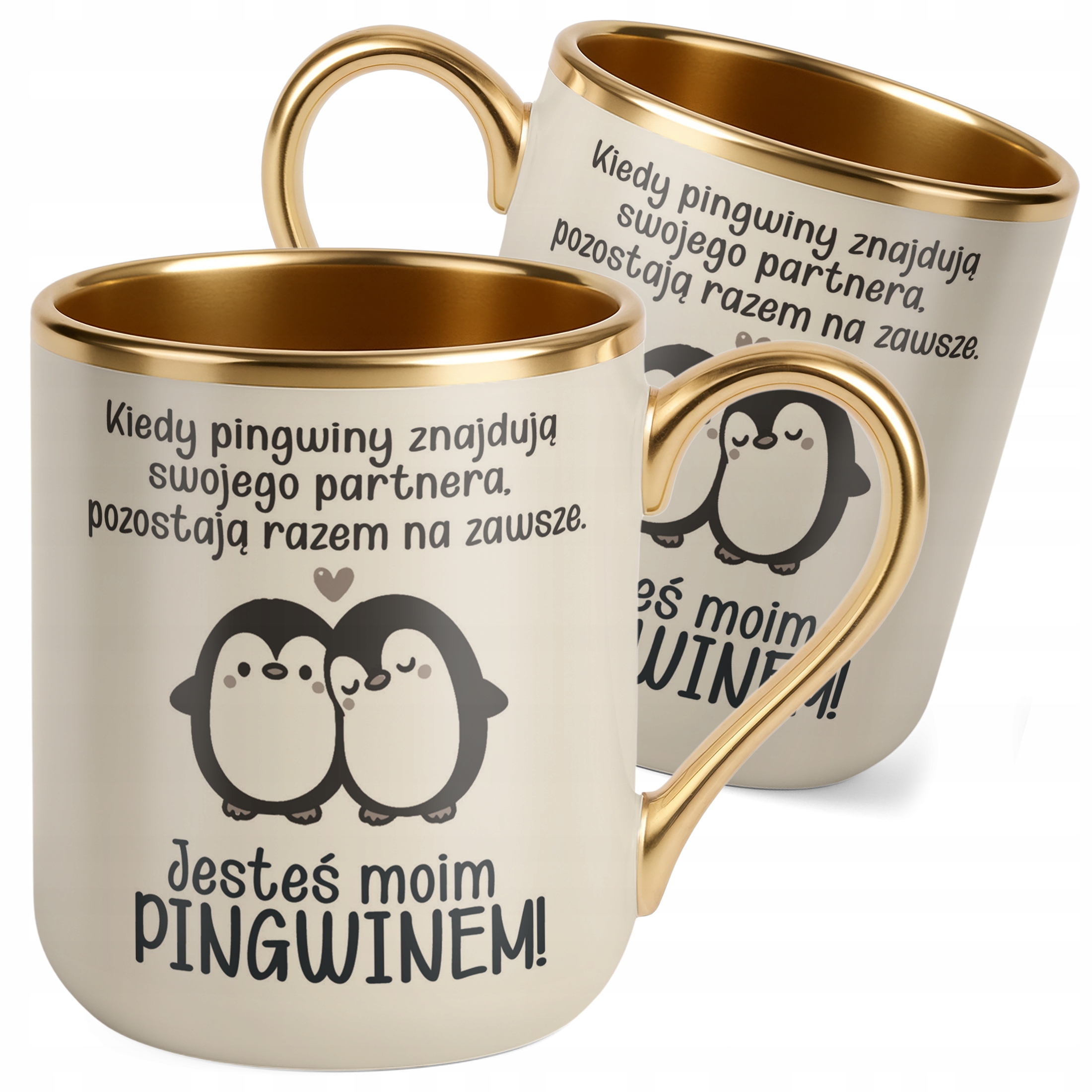 Kubek Premium Złoty Ecru Jesteś Moim Pingwinem Walentynki Prezent