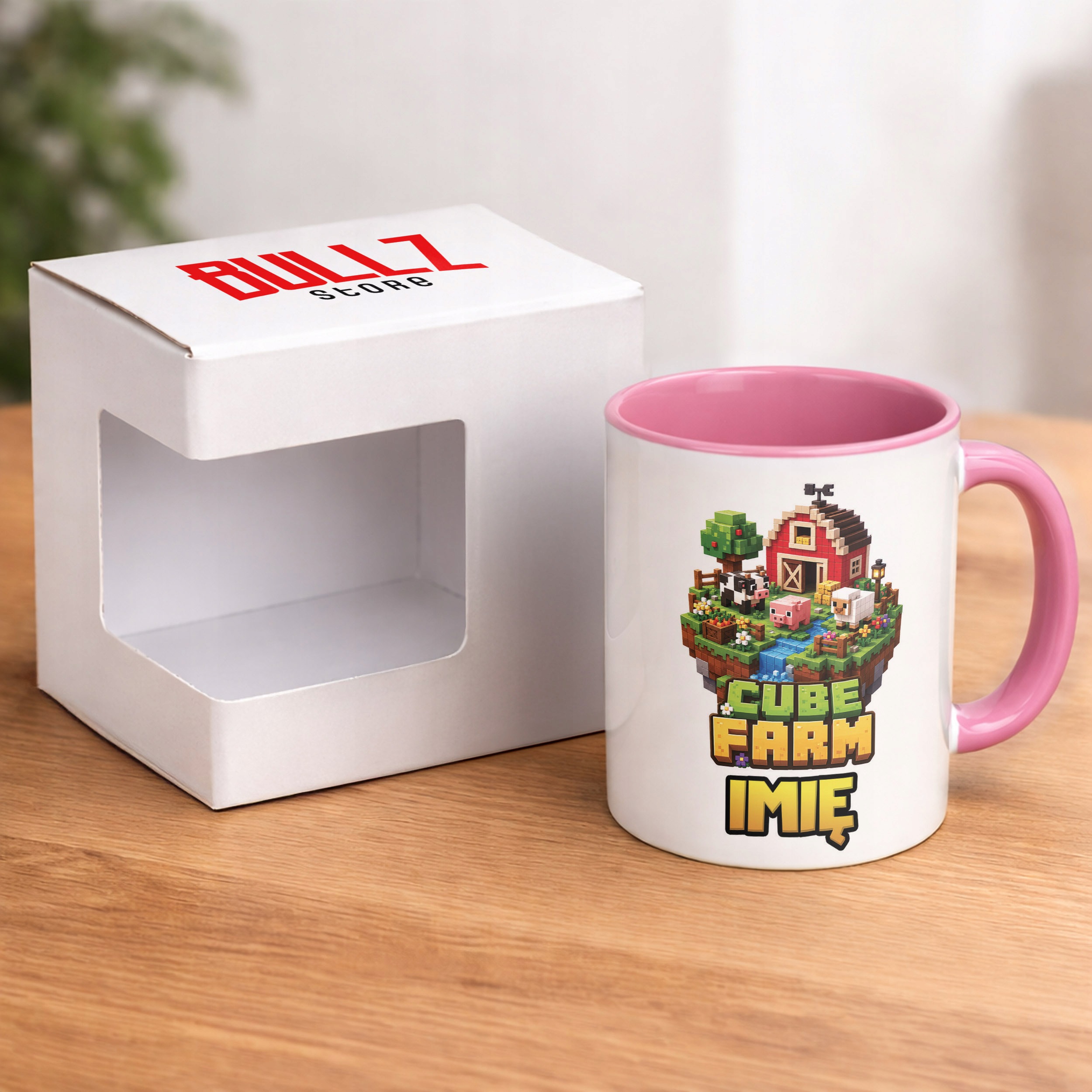 Zestaw Personalizowany Kubek Różowy Poduszka gra Cube Farm Prezent