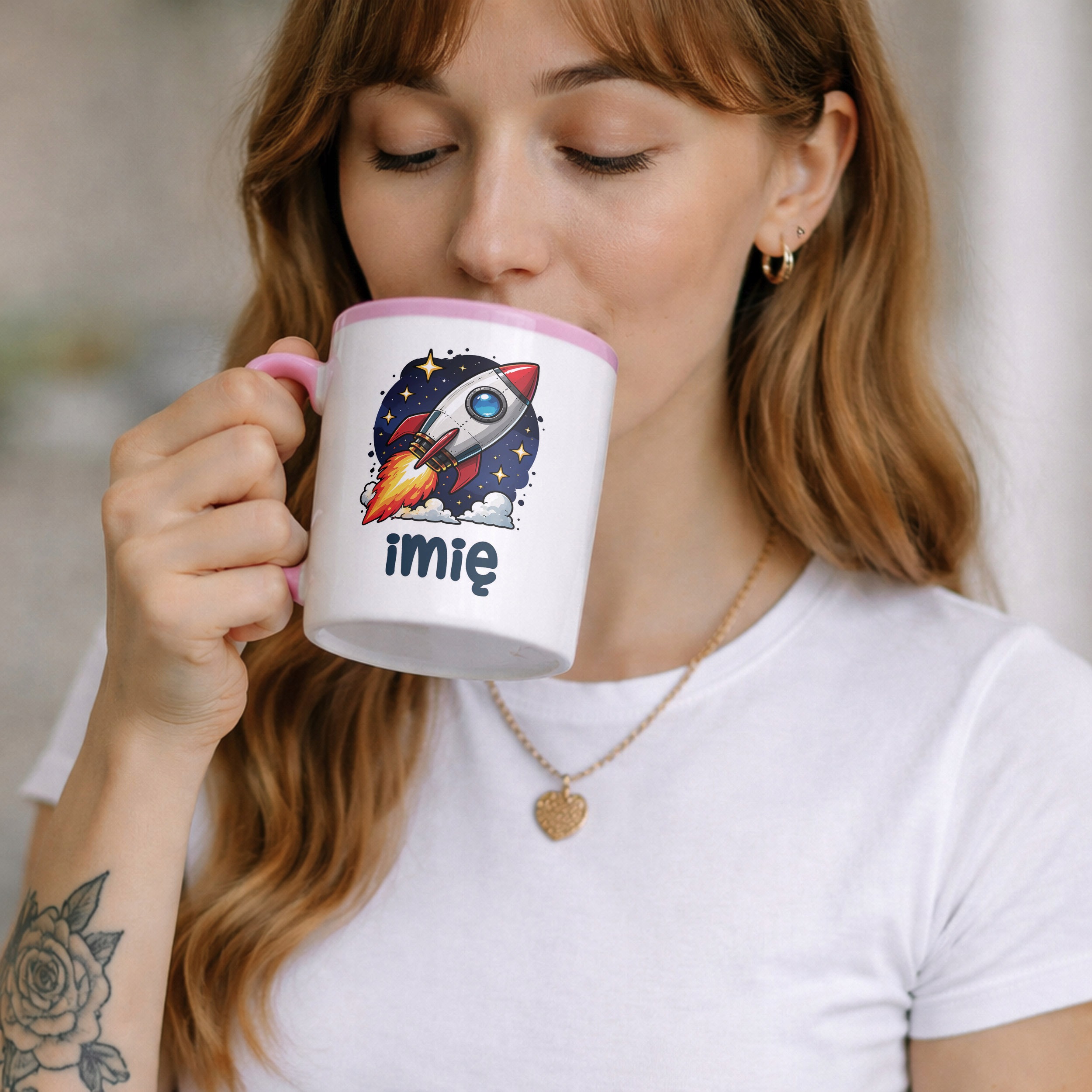 Zestaw Personalizowany Kubek Różowy Poduszka Rakieta Prezent