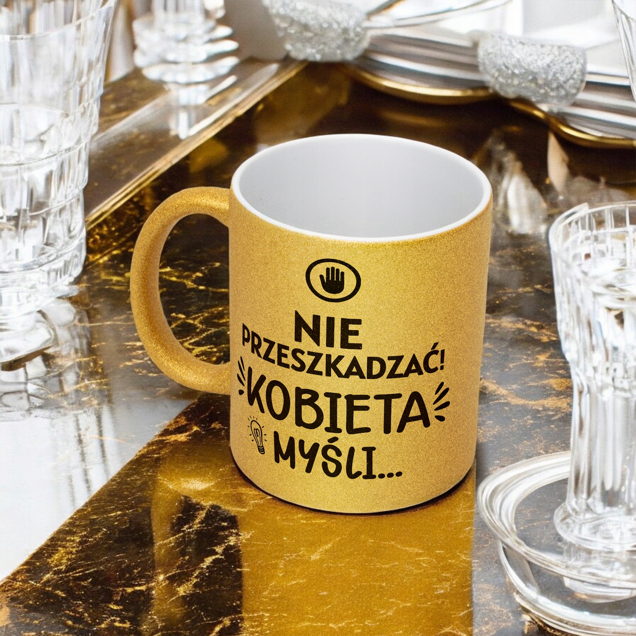 Złoty kubek brokatowy Dzień Kobiet Zabawny Prezent Upominek Dla Kobiety