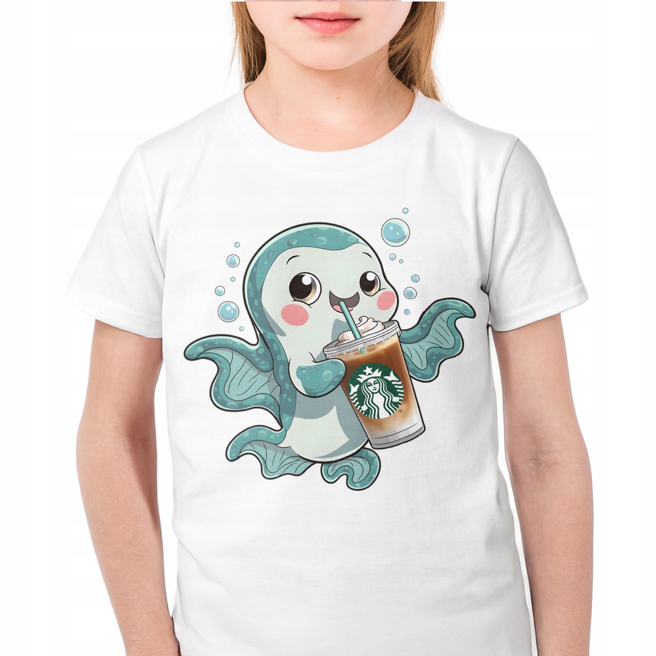 T-shirt dziecięcy biały Aksolotl Axolotl Uśmiechnięty Różowy