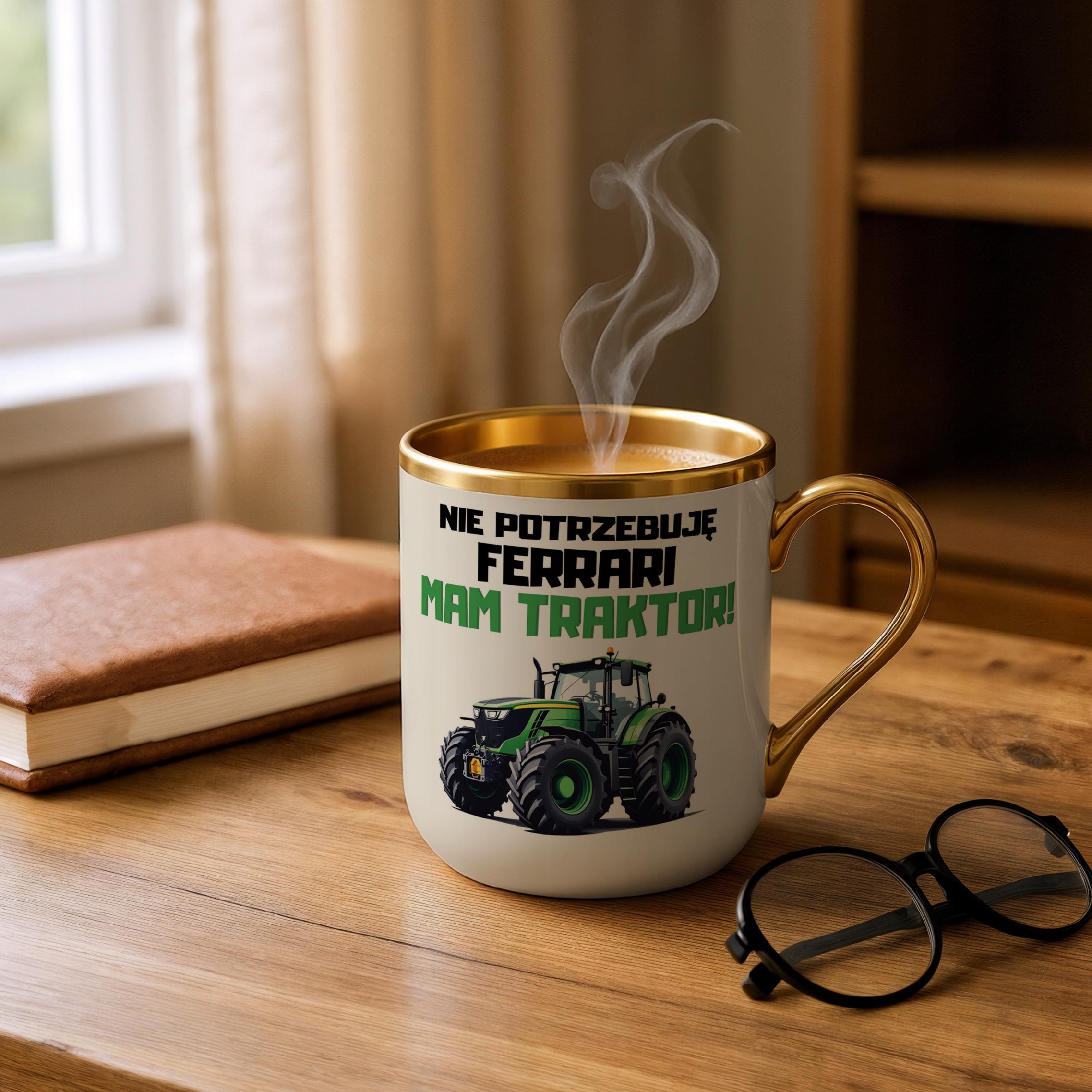 Kubek Premium Złoty Ecru Rolnik Dla Rolnika Traktor Zabawny Prezent