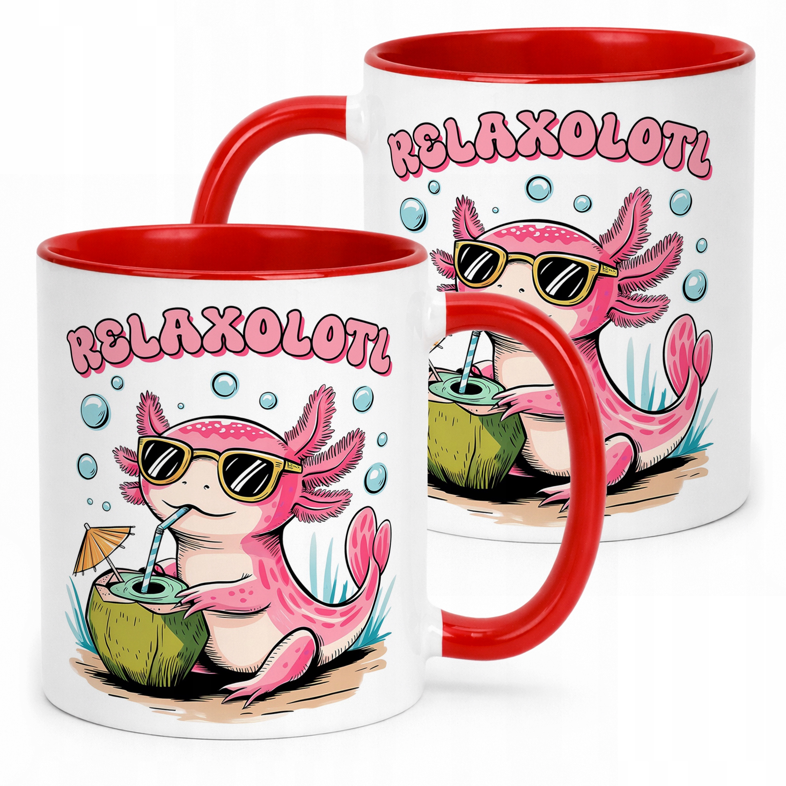 Czerwony kubek z uśmiechniętym zwierzęciem Aksolotl Axolotl Różowy