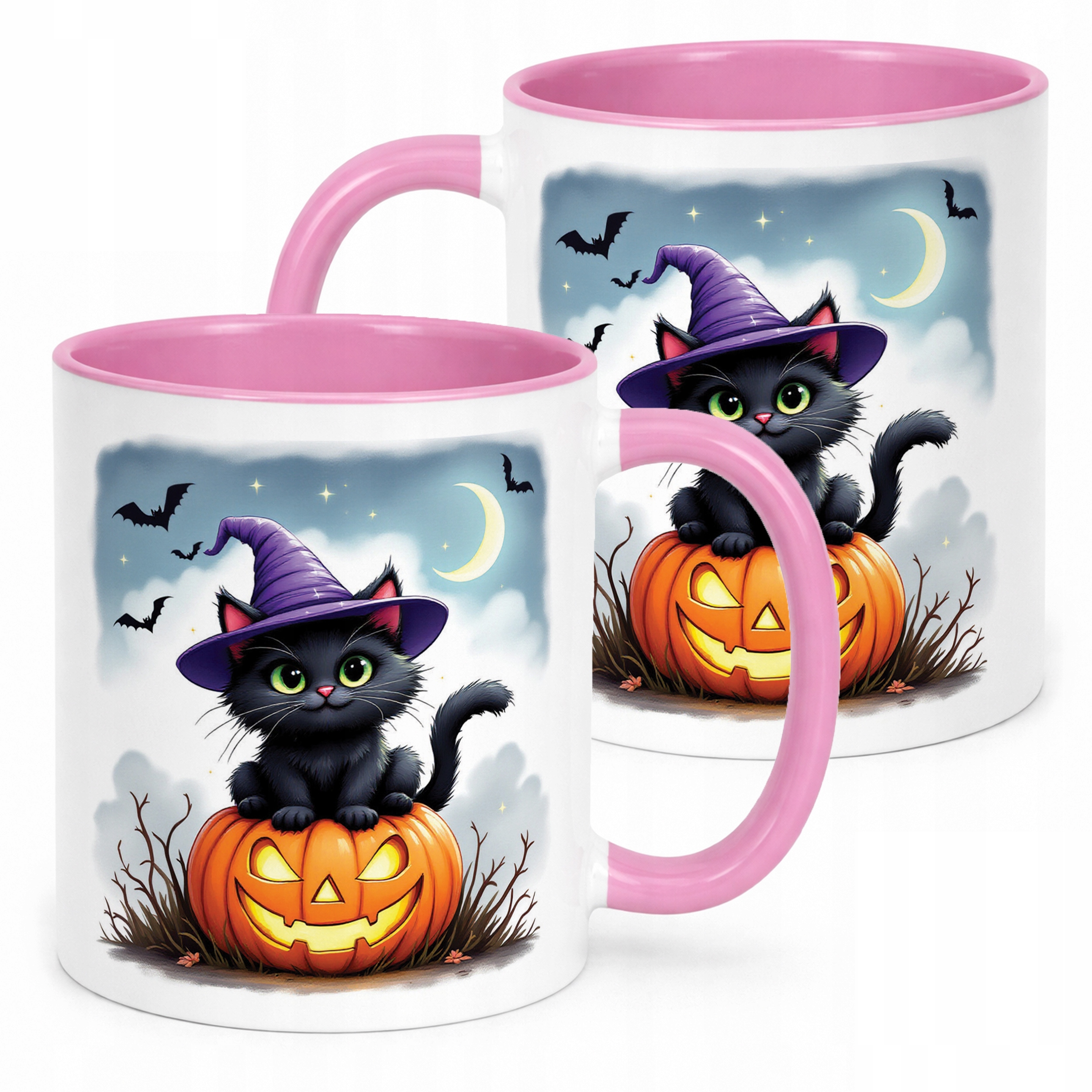 Kubek Różowy Halloween Kot Dynia Jesień Prezent Upominek