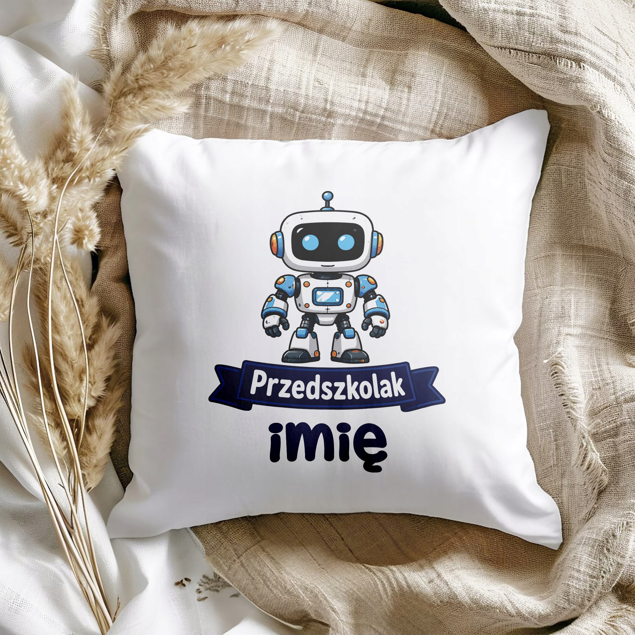 Zestaw Personalizowany Kubek Czarny Poduszka Przedszkolak Robot