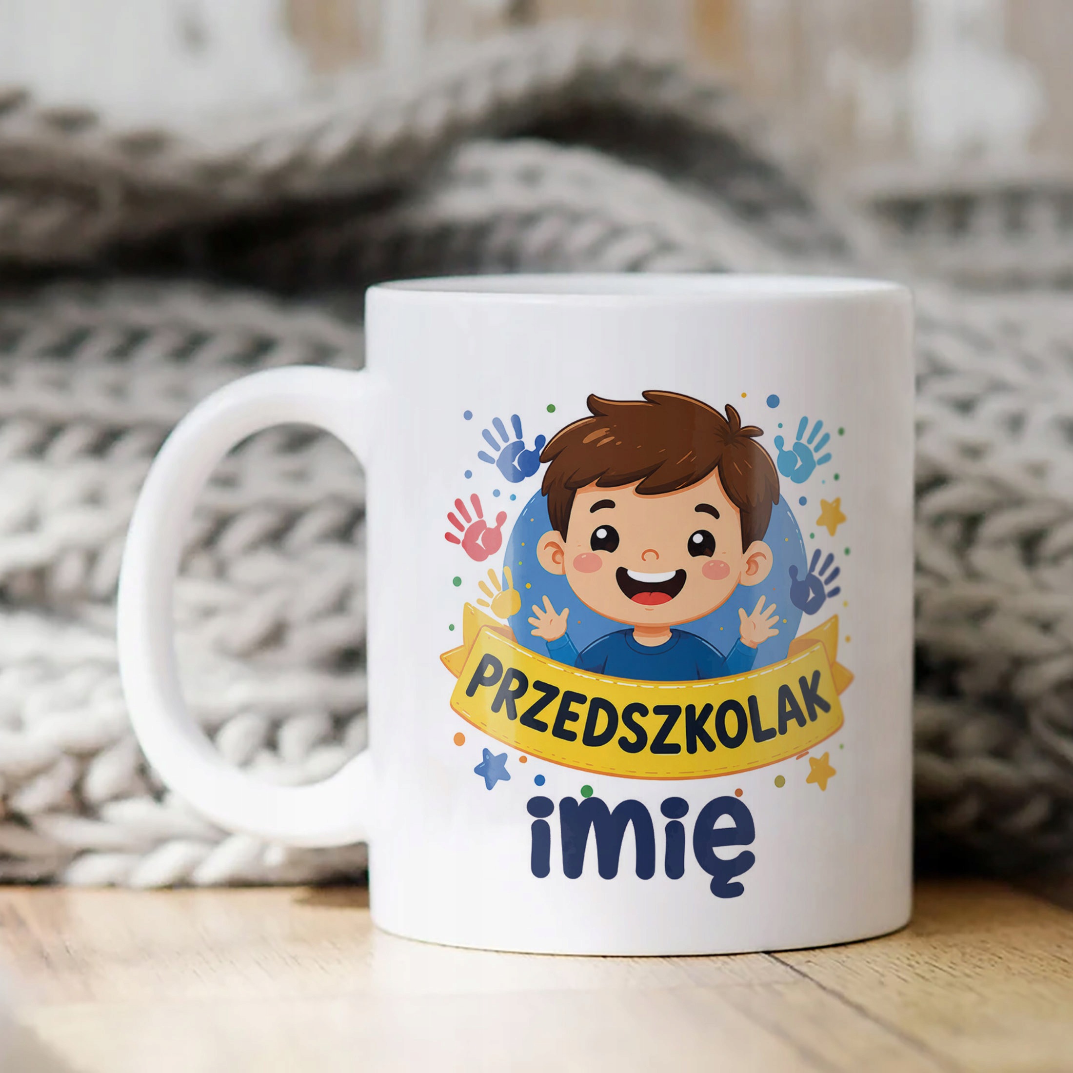 Biały Kubek z nadrukiem personalizowany Przedszkolak Szkoła Dla Dzieci