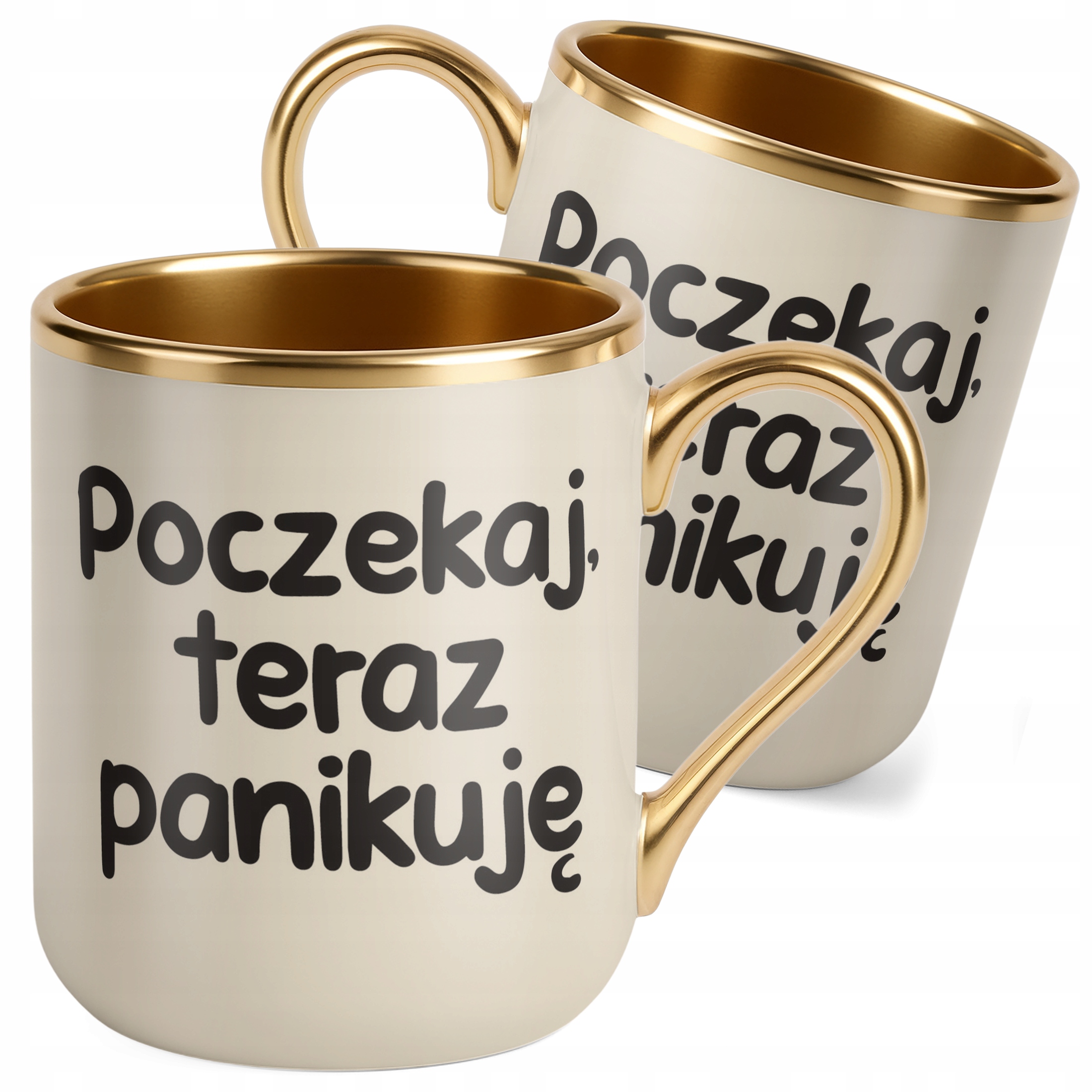 Kubek Premium Złoty Ecru Poczekaj Teraz Panikuję Śmieszny Zabawny
