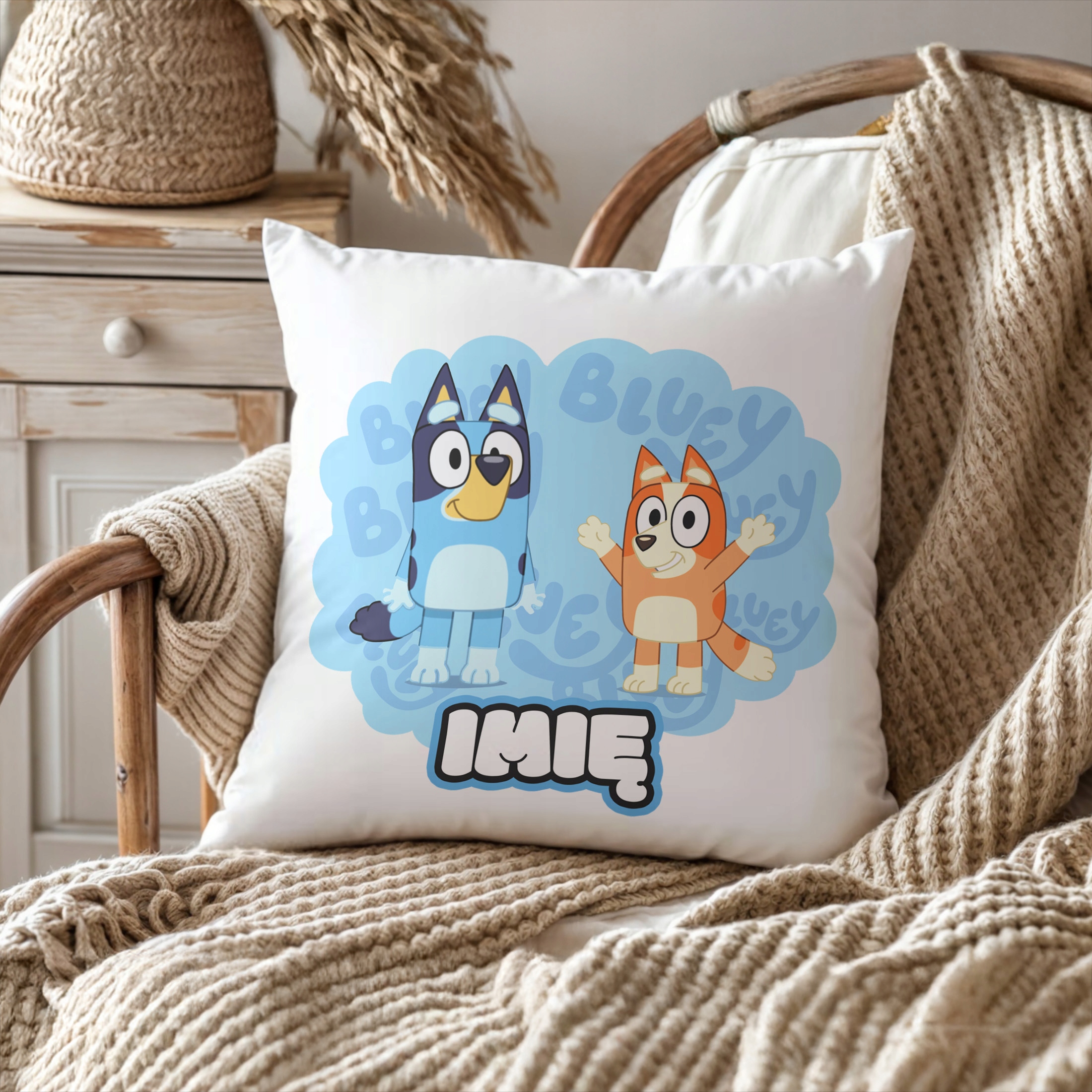 Zestaw Personalizowany Kubek + Poduszka 38×38 cm Dla Fanów Bajki Bluey