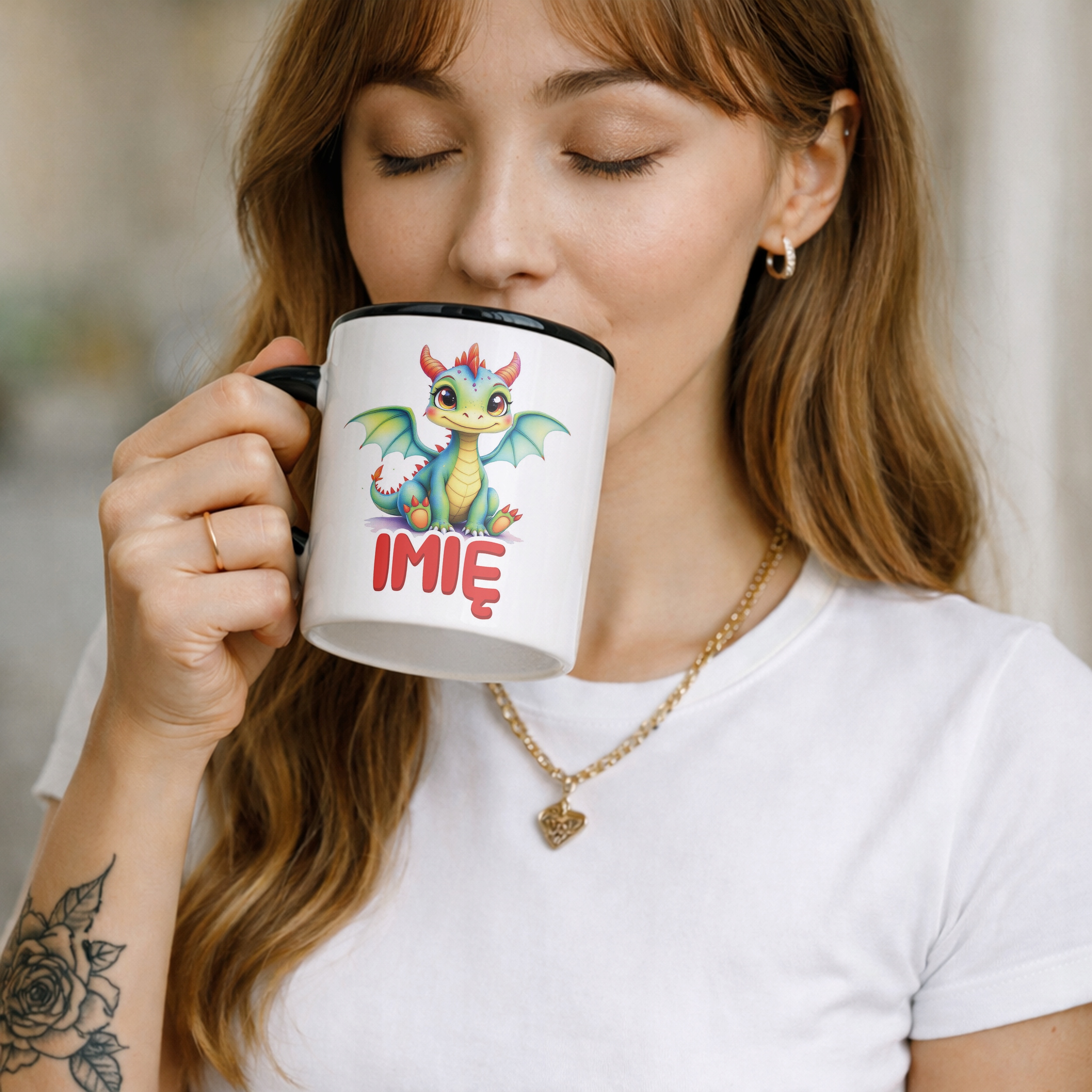 Kubek Czarny Personalizowany Smok Zwierzak Słodki Dla Dzieci