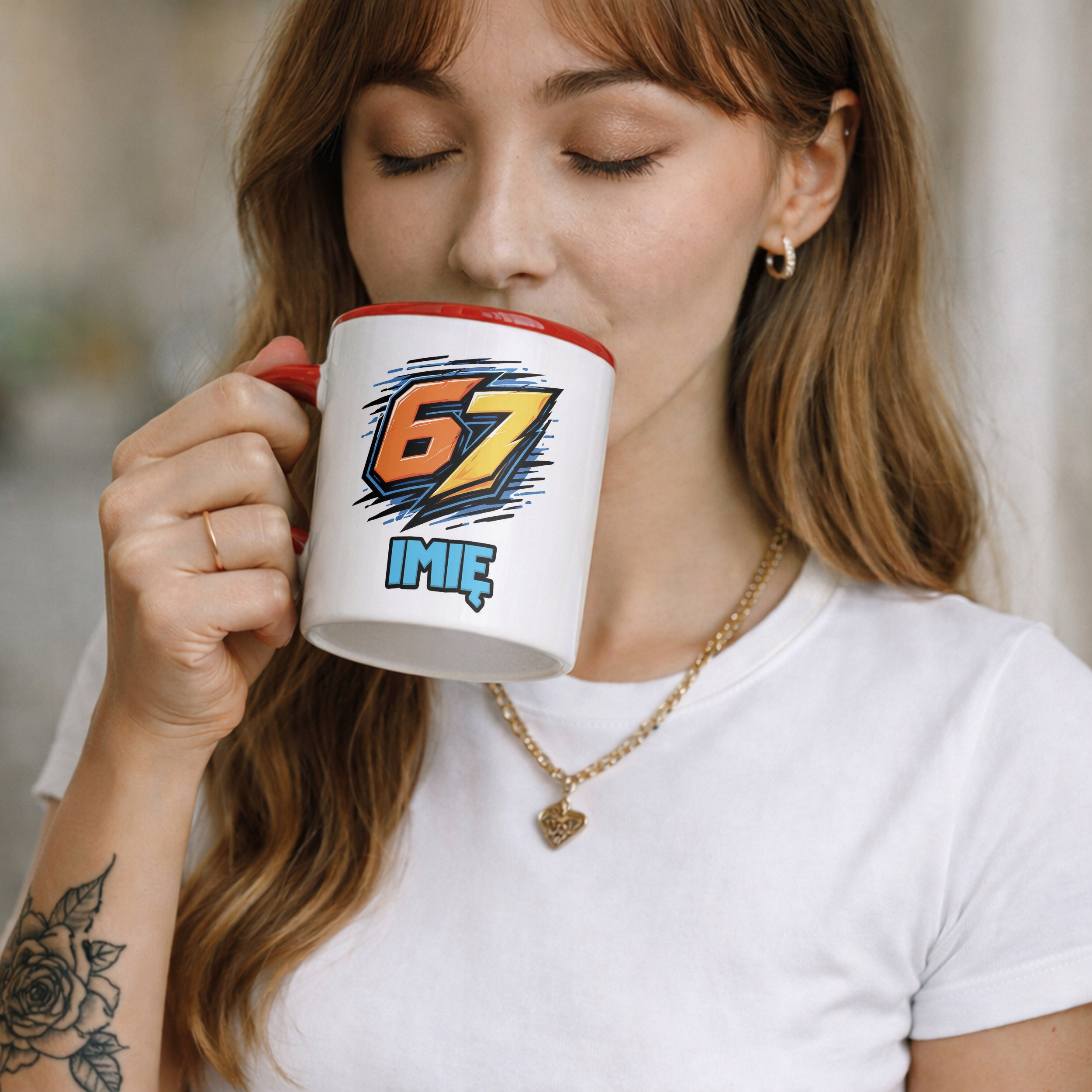 Zestaw Personalizowany Kubek Czerwony Poduszka 67 Six Seven Prezent