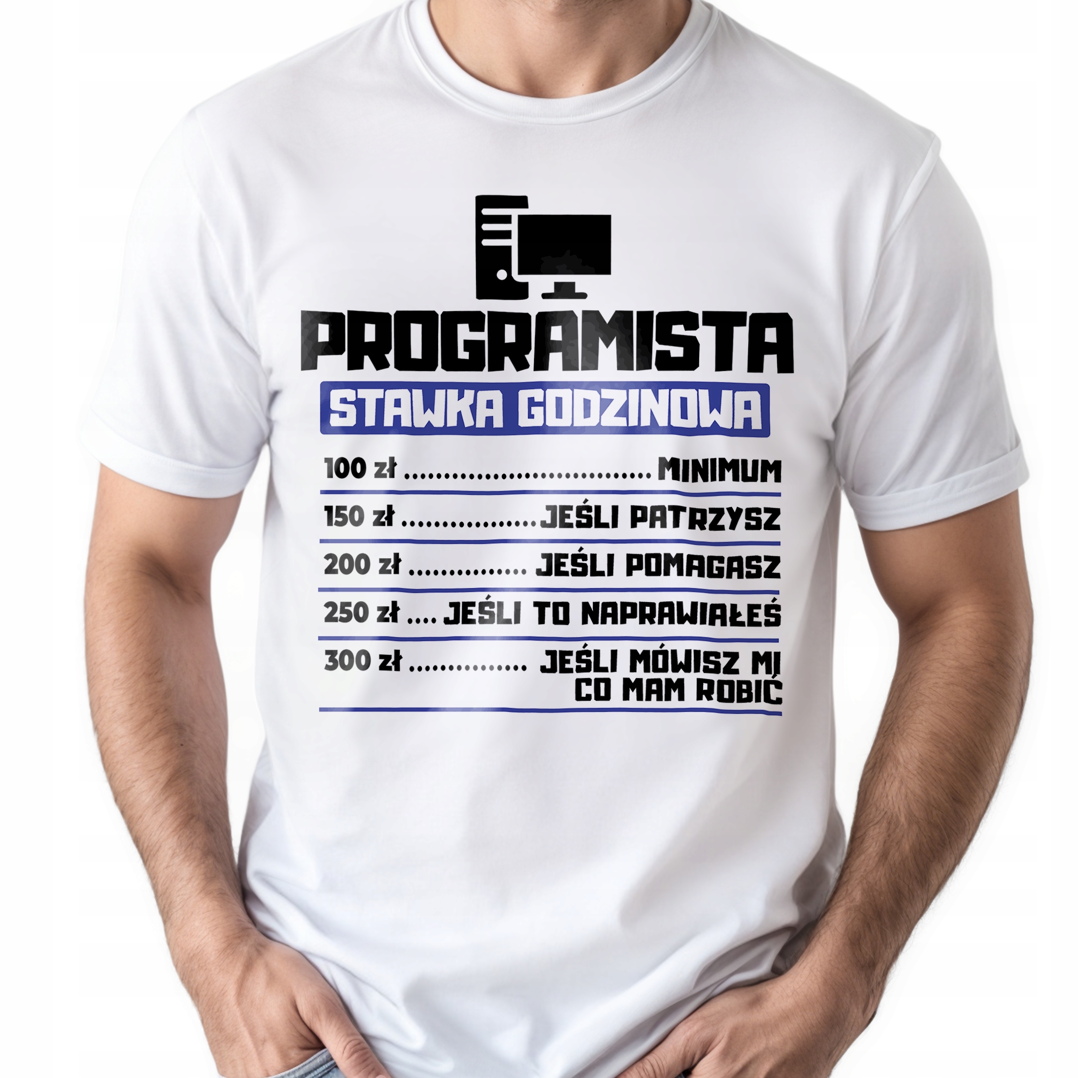 Koszulka biała męska Programista Stawka Godzinowa Prezent