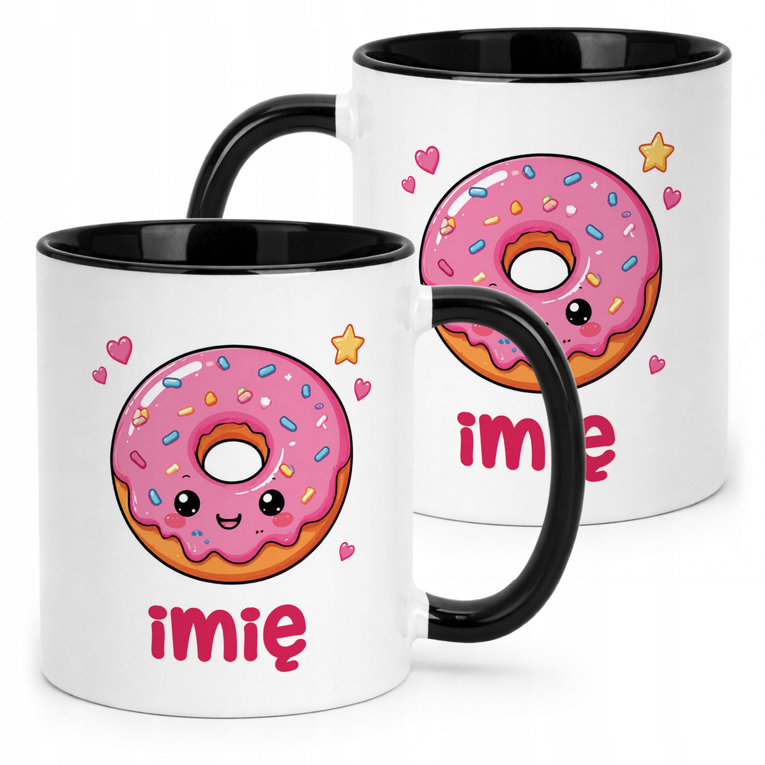 Kubek Czarny z nadrukiem personalizowany Kawaii Pączek Dla Dzieci Prezent