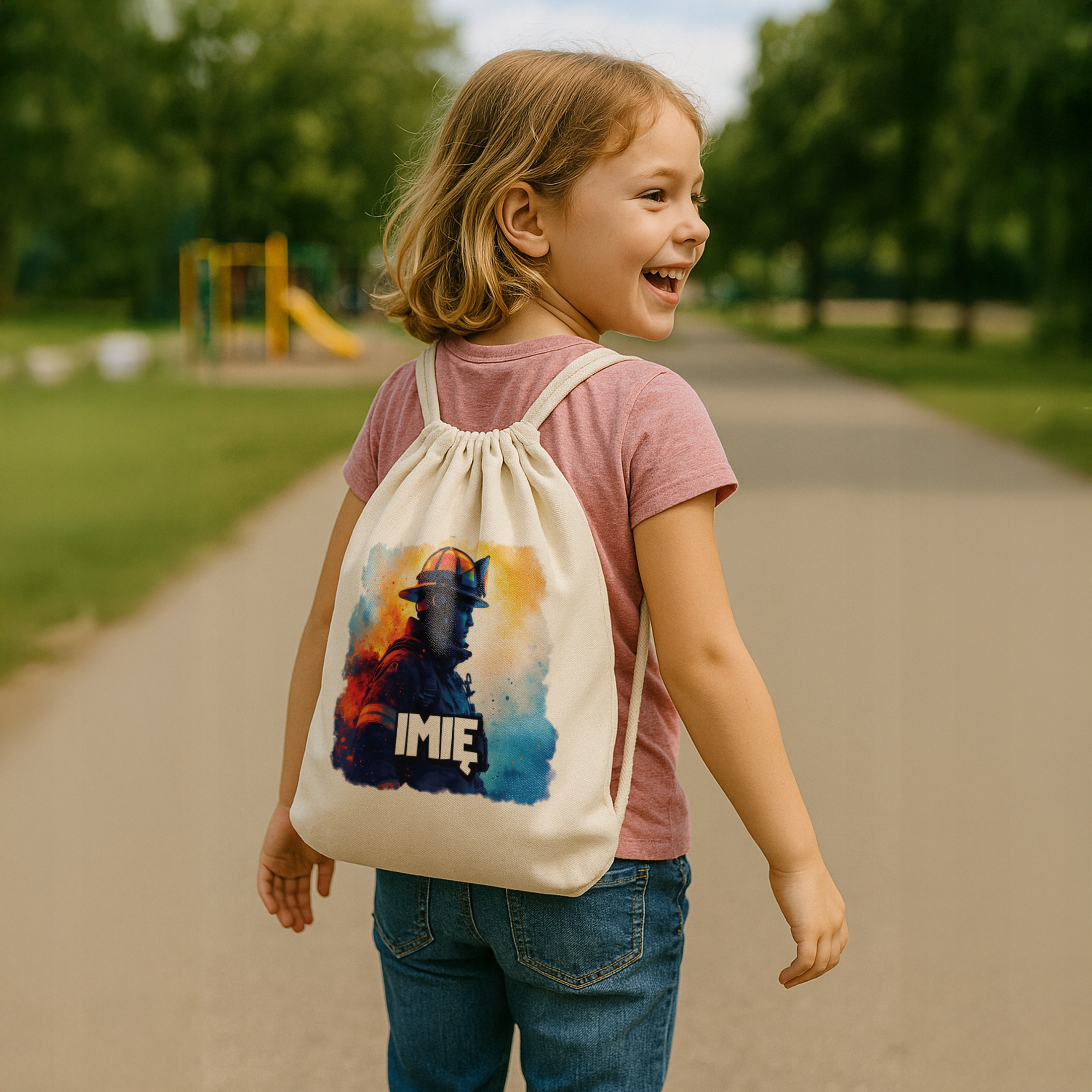 Plecak bawełniany Personalizowany Dla Strażaka Wóz Strażacki Dla Dzieci
