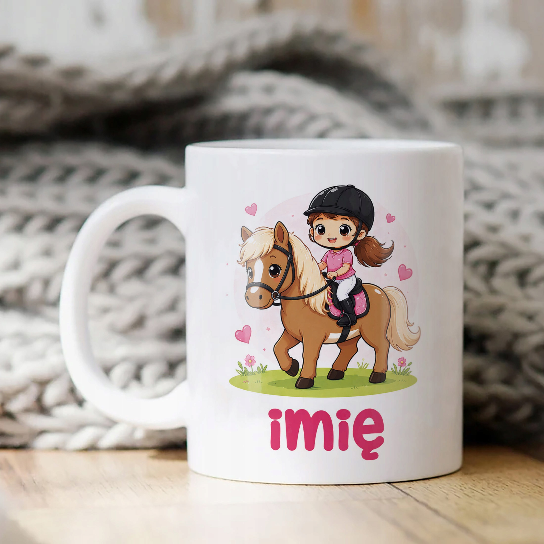 Biały Kubek z nadrukiem personalizowany Konie Jazda Konna Dla Dzieci