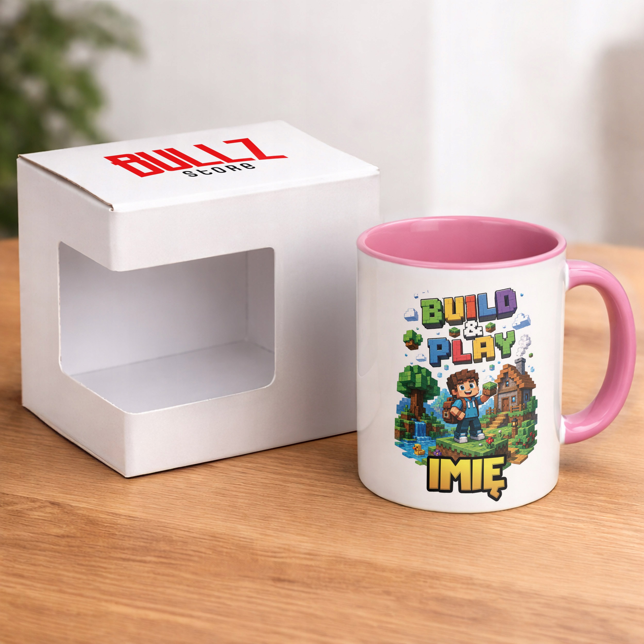 Zestaw Personalizowany Kubek Różowy Poduszka gra Build&Play Prezent