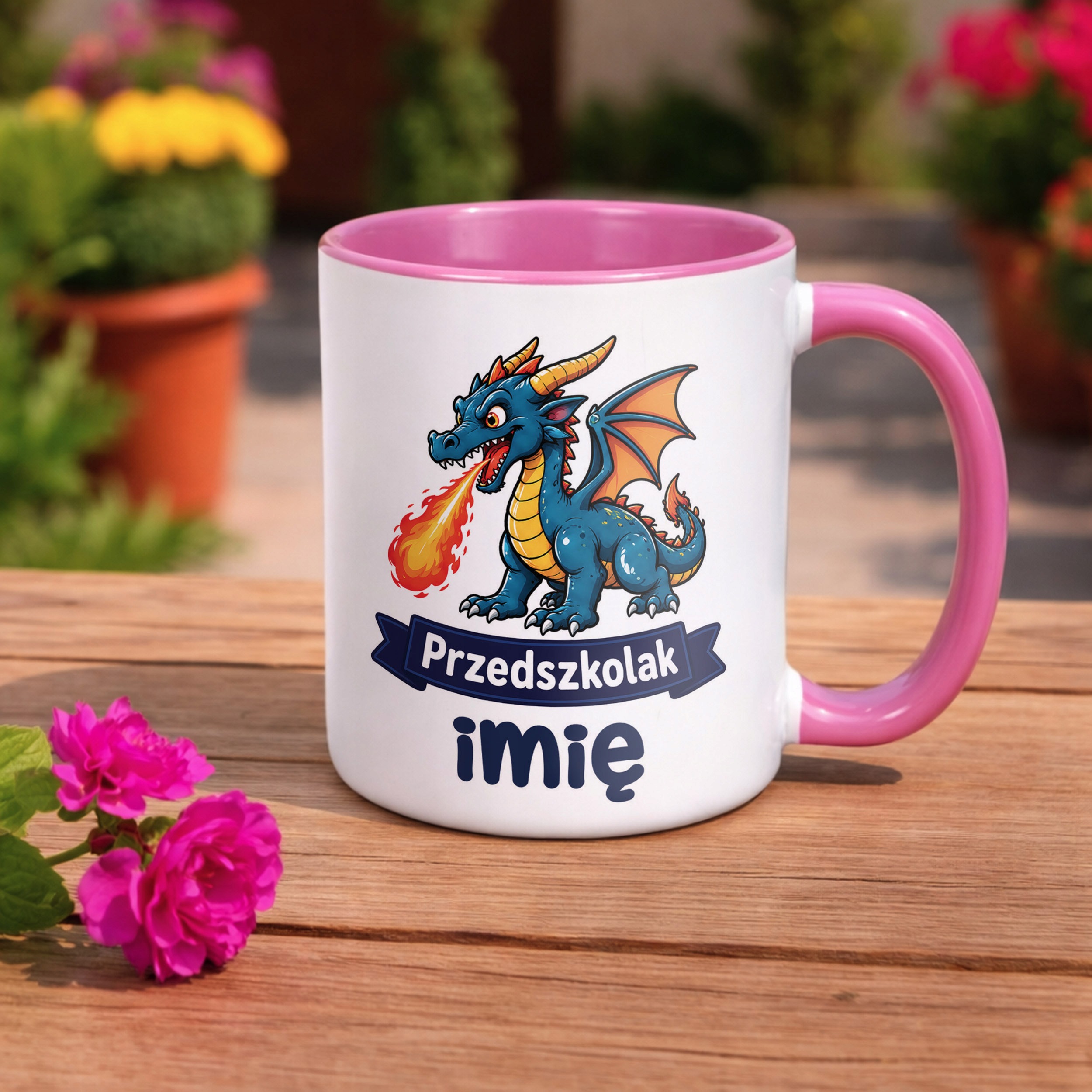 Zestaw Personalizowany Plecak Worek Kubek Różowy Przedszkolak Smok Prezent