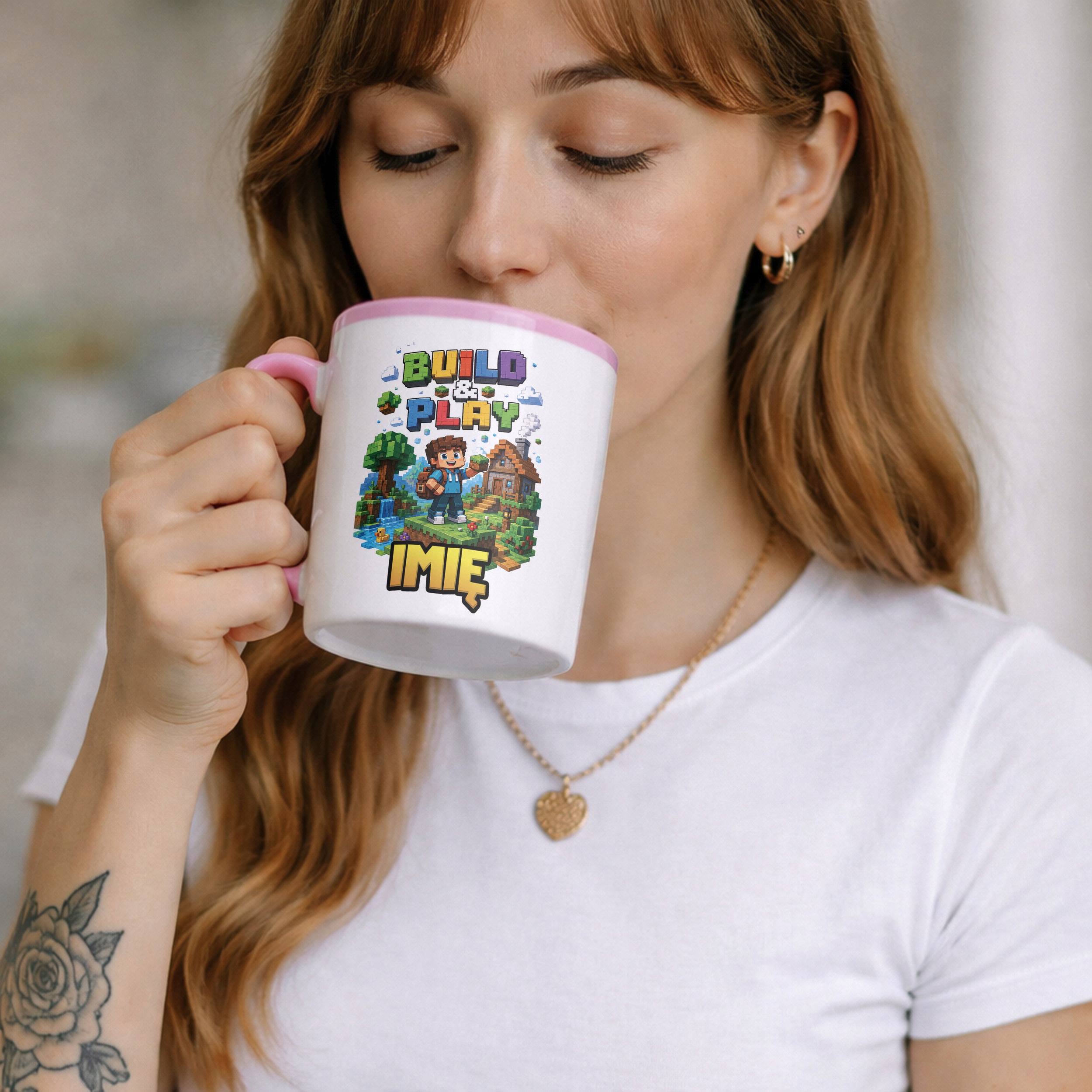 Zestaw Personalizowany Kubek Różowy Poduszka gra Build&Play Prezent