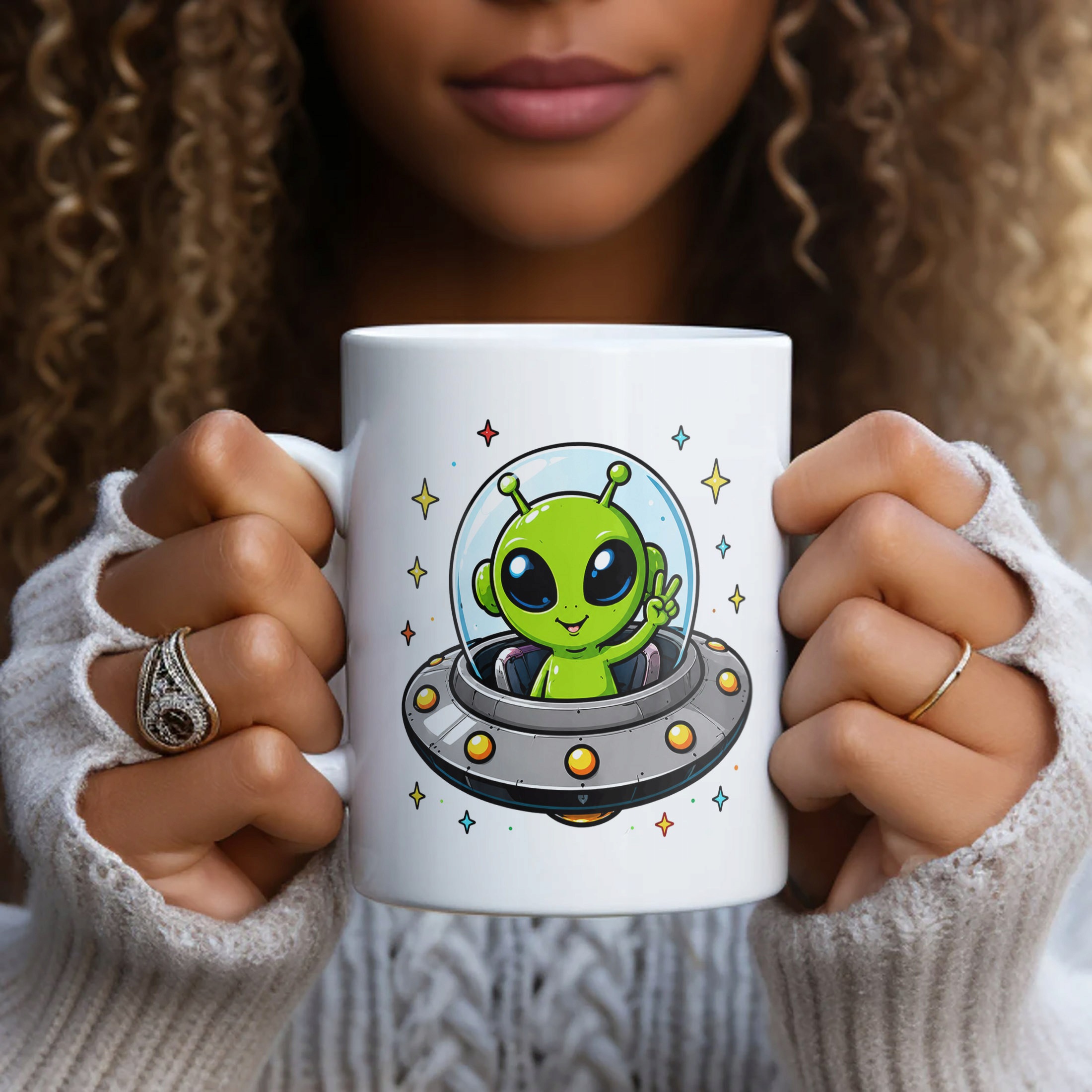 Biały Kubek z nadrukiem Kosmita UFO Dla Dzieci Prezent Upominek