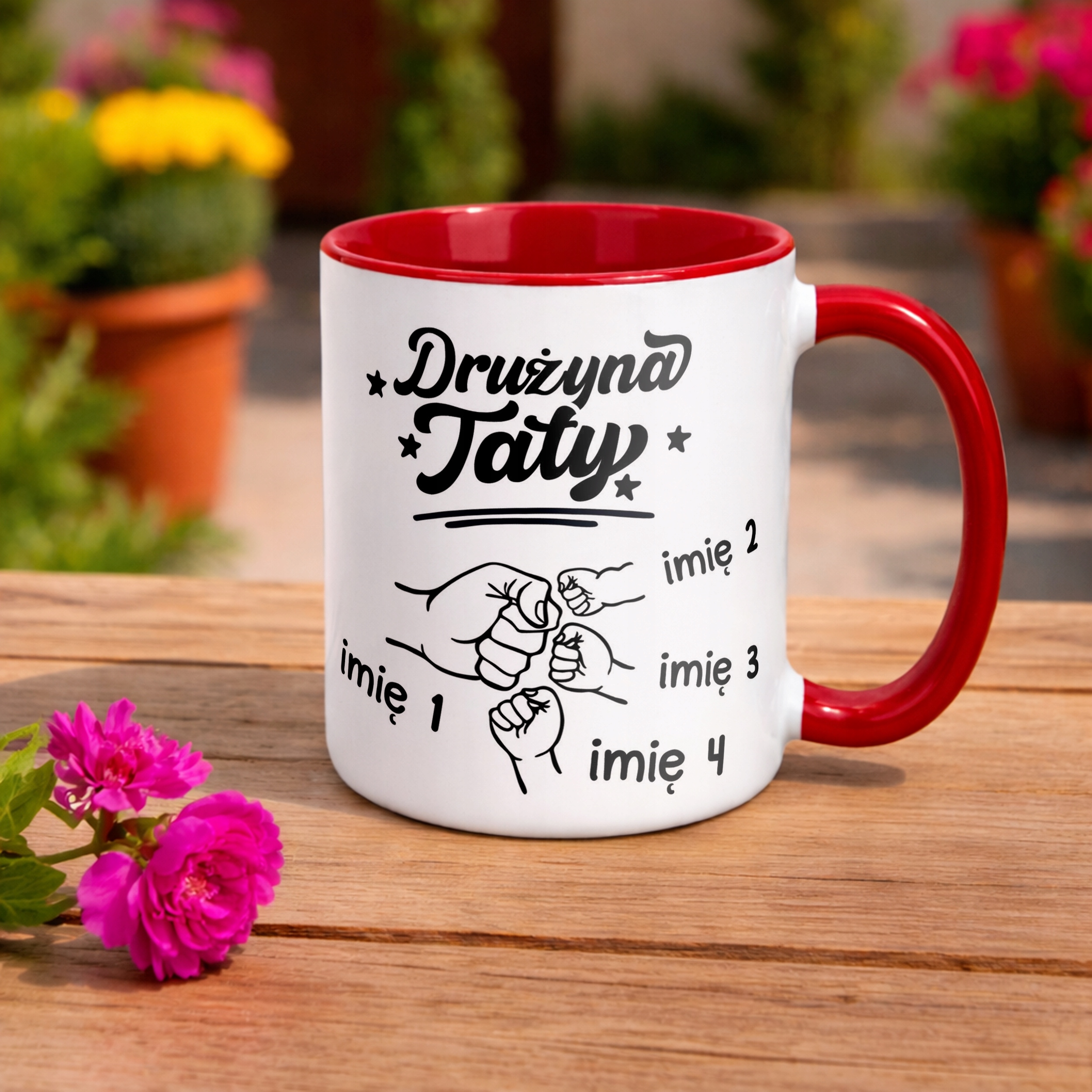 Kubek Czerwony Personalizowany Dzień Ojca Najlepsza Drużyna 3 Dzieci