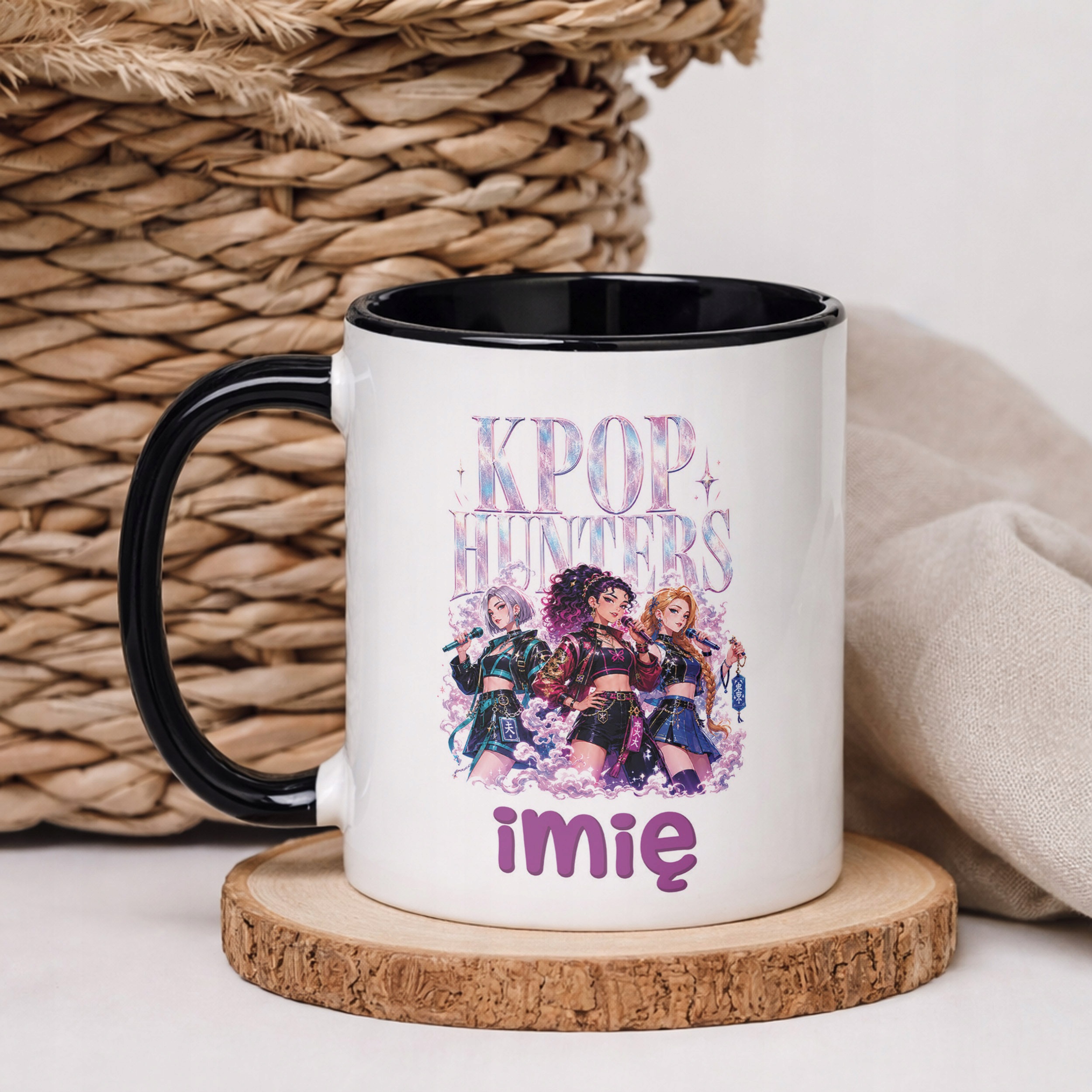 Kubek Czarny z nadrukiem personalizowany ŁOWCZYNIE KPOP Dla Dzieci Prezent