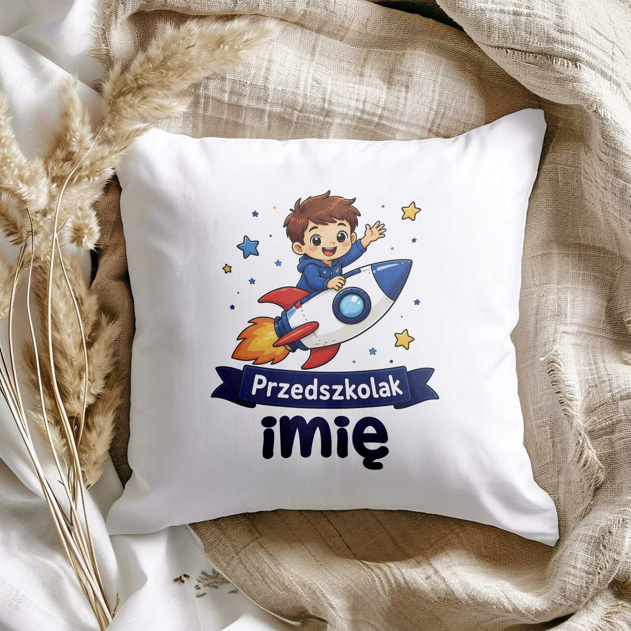 Zestaw Personalizowany Kubek Czerwony Poduszka Przedszkolak Rakieta