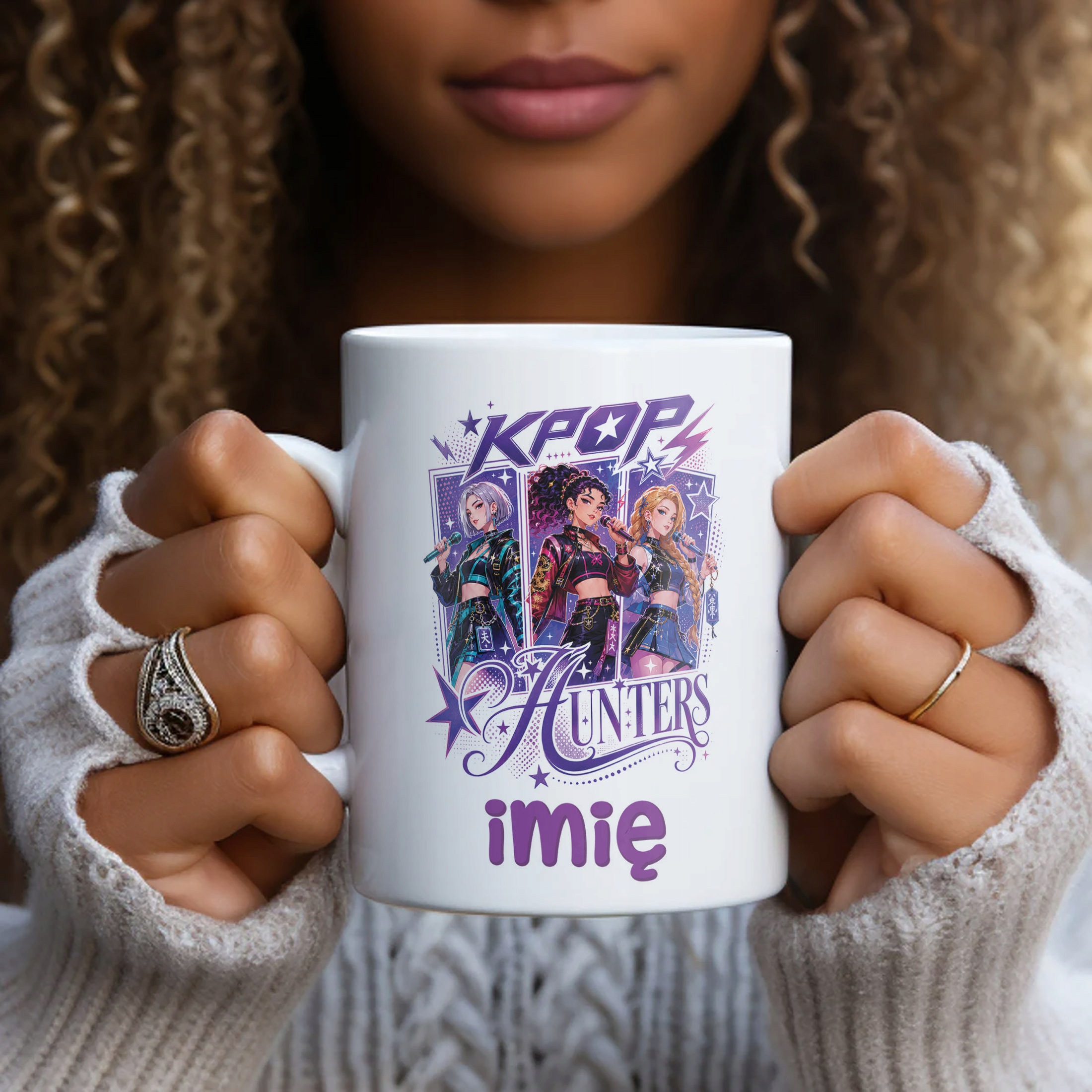 Biały Kubek z nadrukiem personalizowany ŁOWCZYNIE KPOP Dla Dzieci Prezent