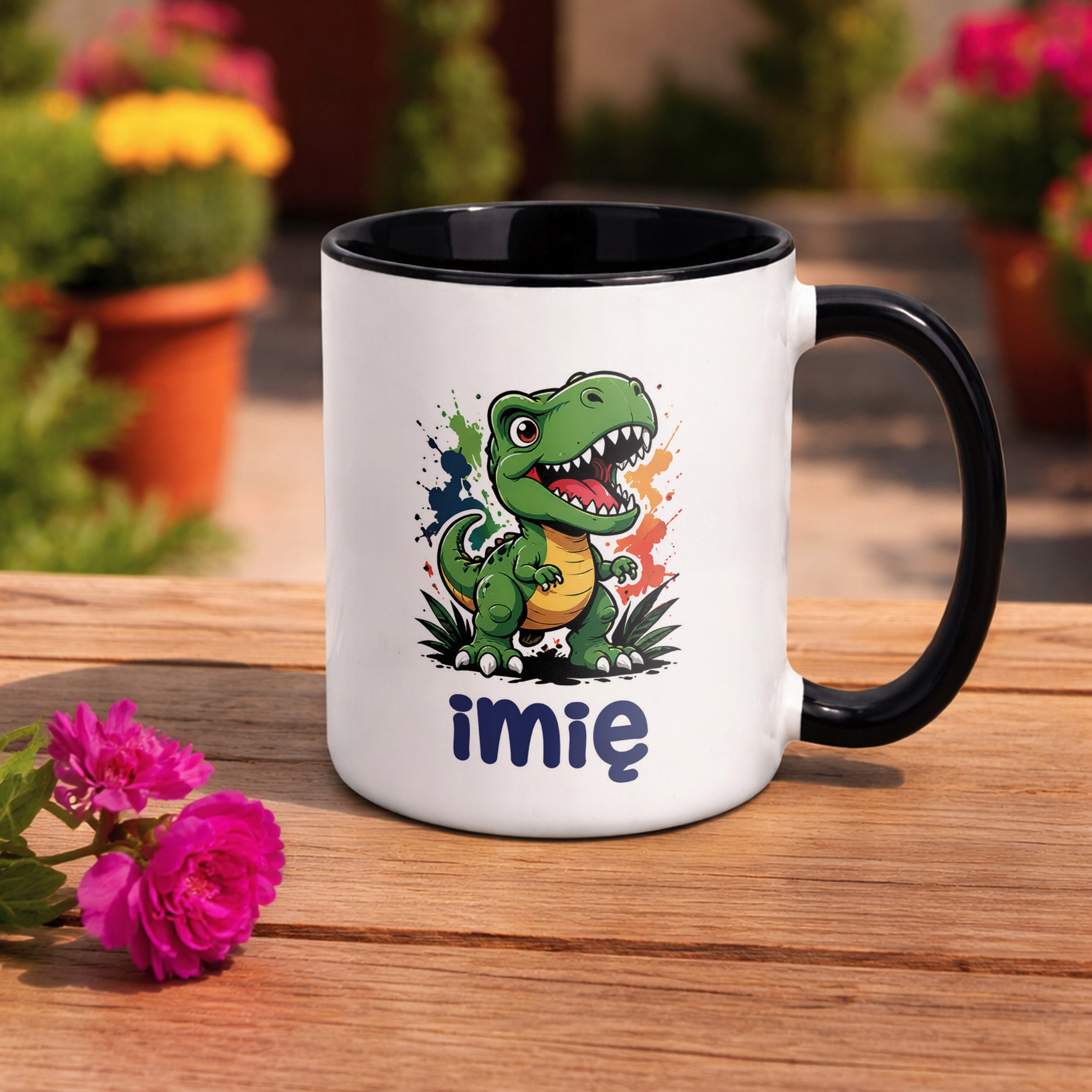 Zestaw Personalizowany Plecak Worek Kubek Czarny T-rex Prezent