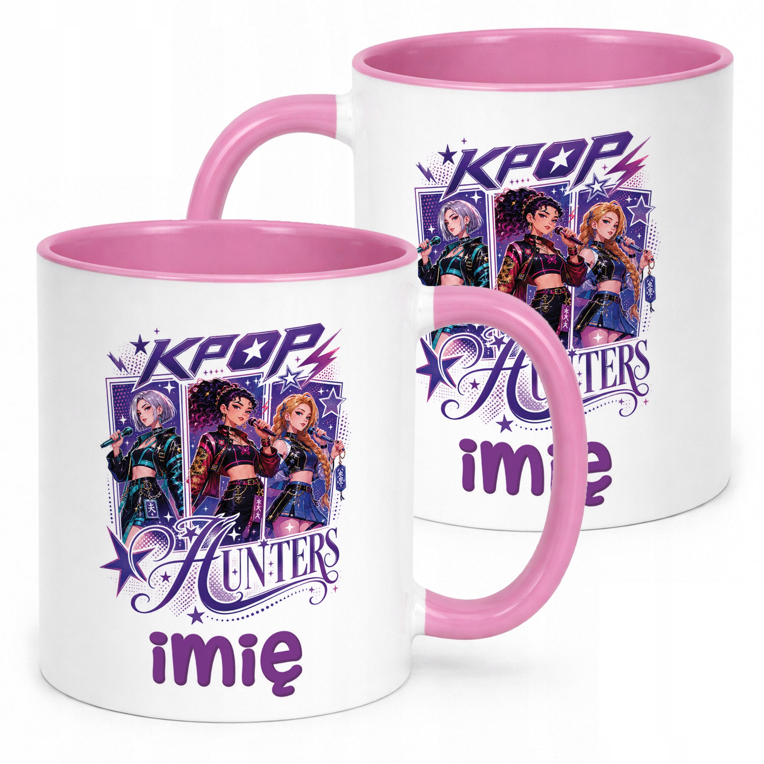 Kubek Różowy z nadrukiem personalizowany ŁOWCZYNIE KPOP Dla Dzieci Prezent