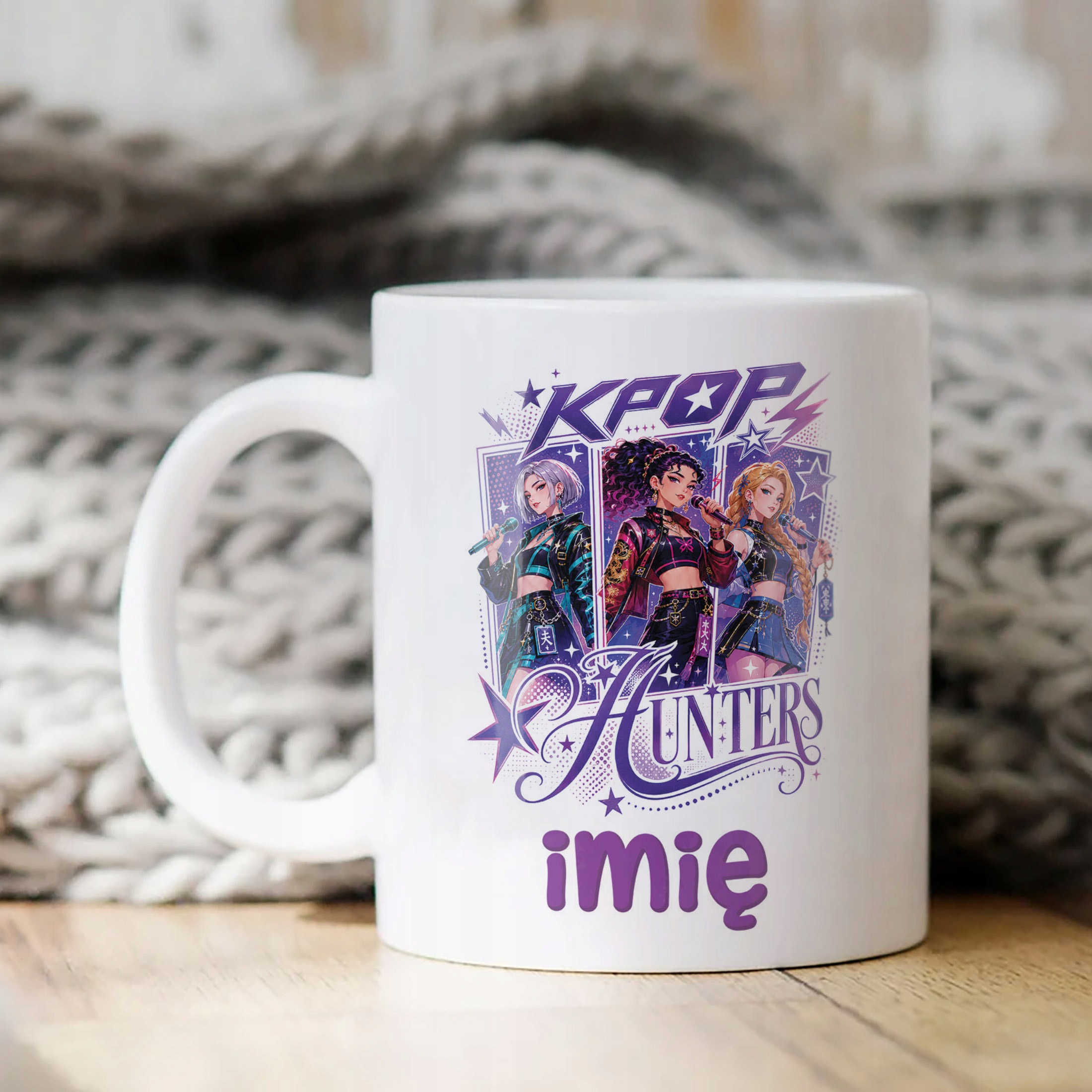 Biały Kubek z nadrukiem personalizowany ŁOWCZYNIE KPOP Dla Dzieci Prezent