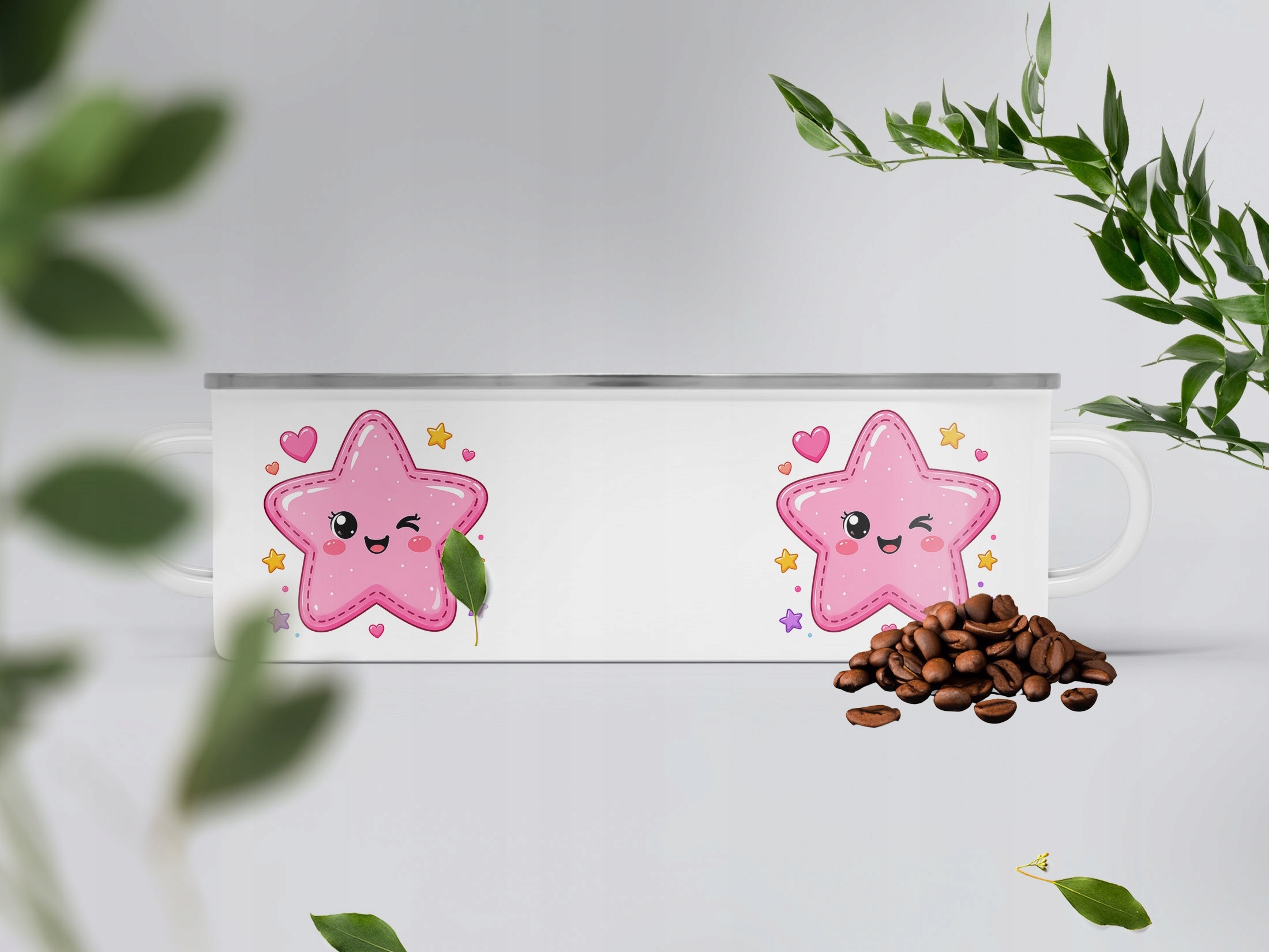 Kubek Emaliowany Kawaii Gwiazdka z Nadrukiem Biały Metalowy Prezent