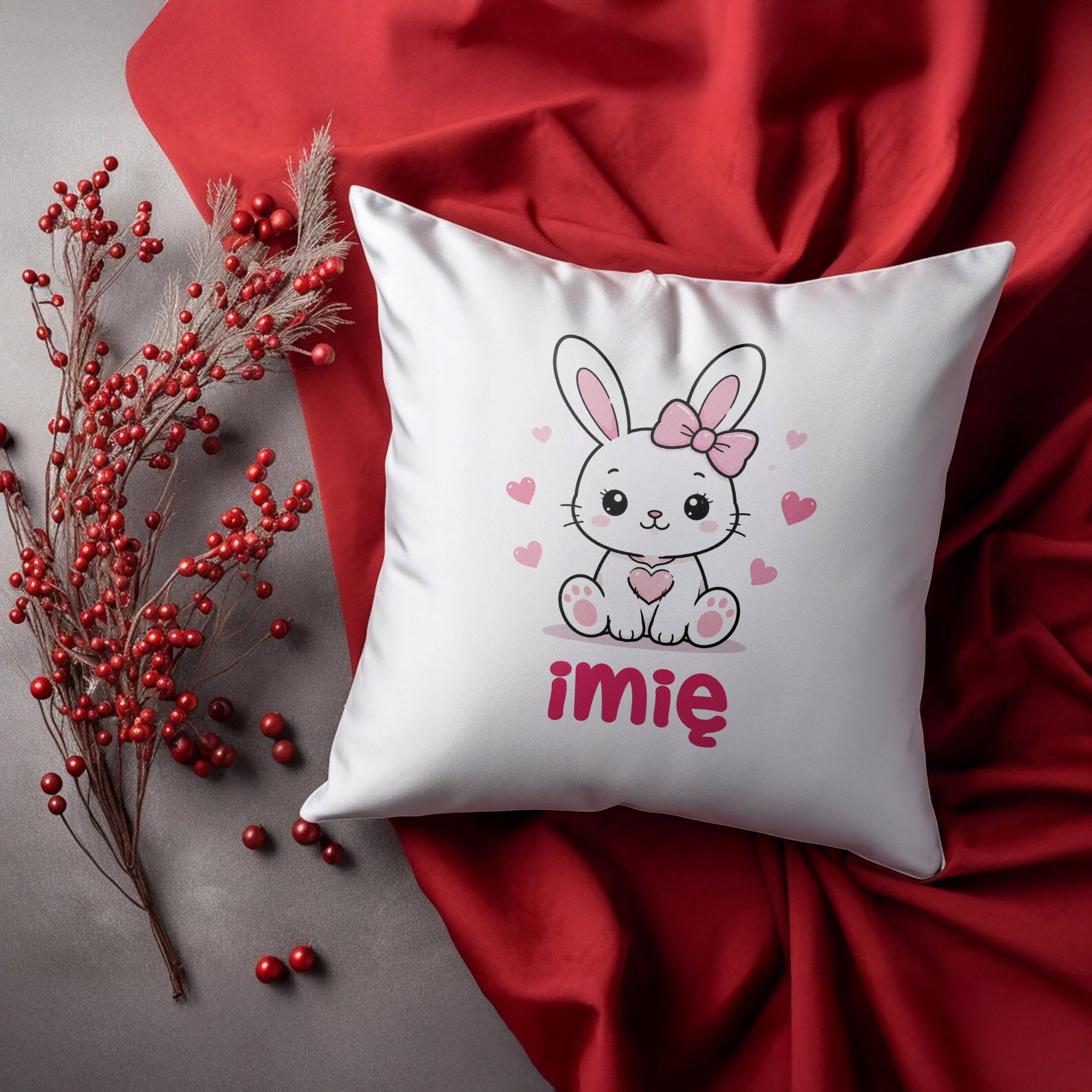 Zestaw Personalizowany Kubek Różowy Poduszka Króliczek Prezent