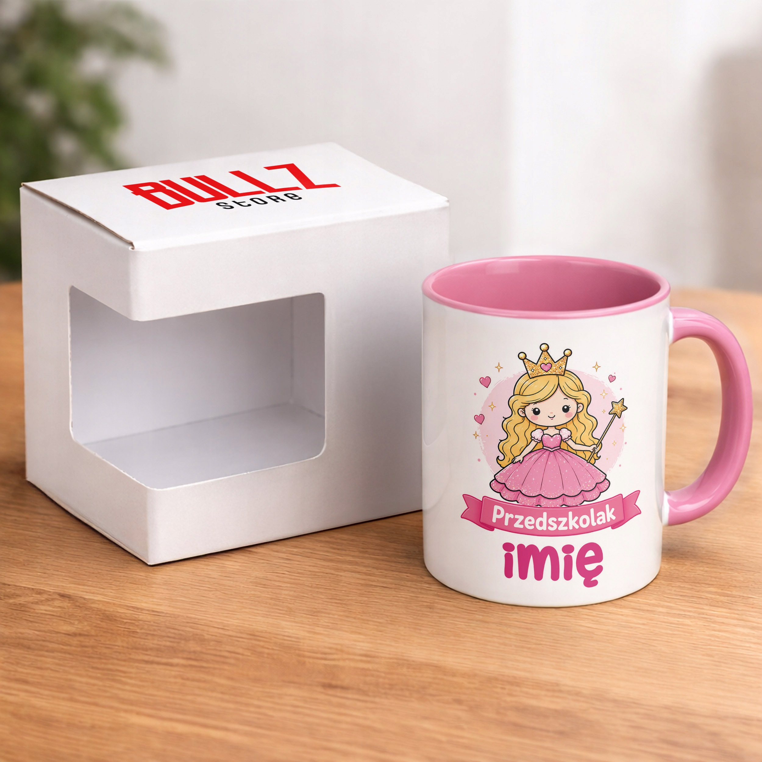 Zestaw Personalizowany Kubek Różowy Poduszka Przedszkolak
