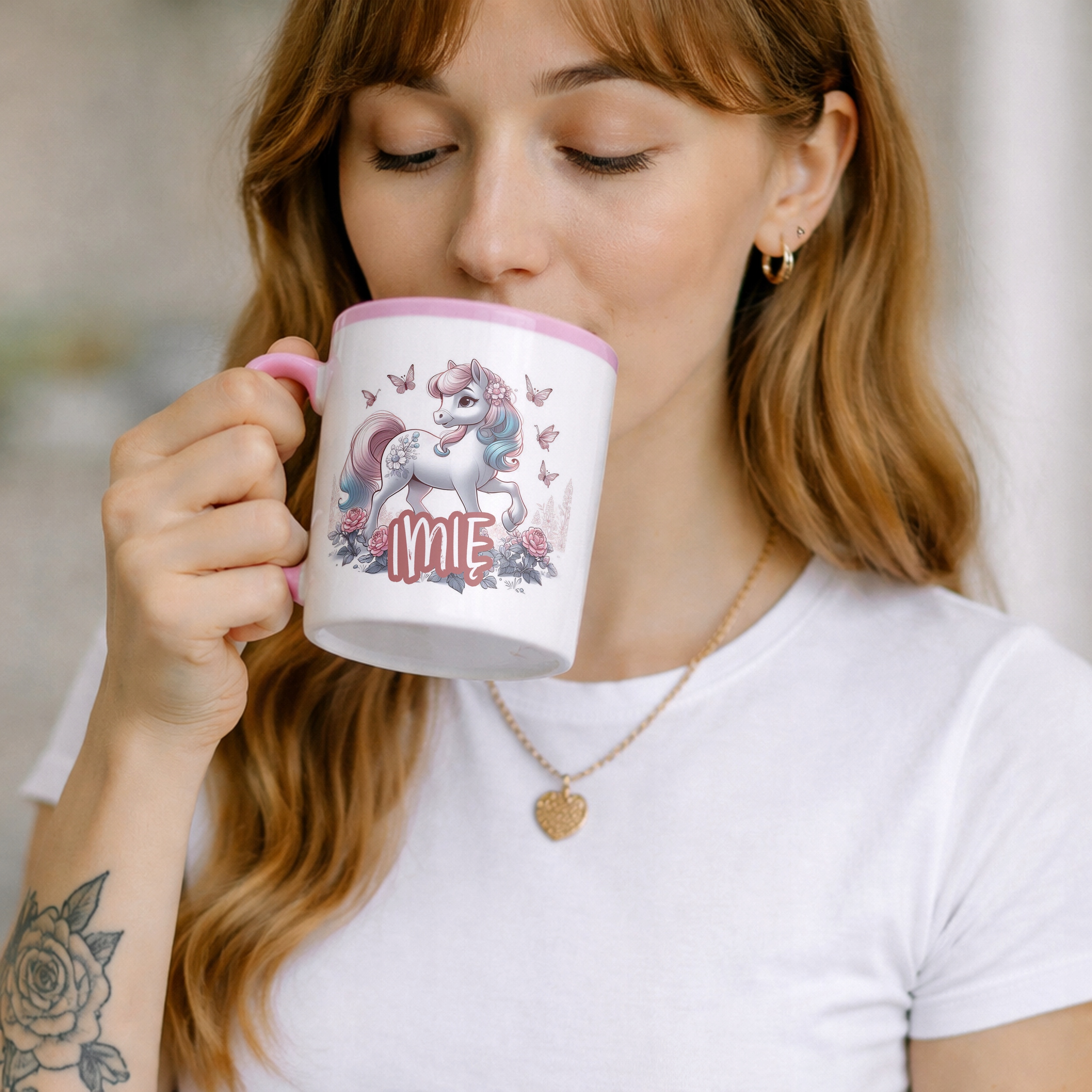 Kubek Różowy Personalizowany Z Koniem Koń Słodki Dla Dzieci