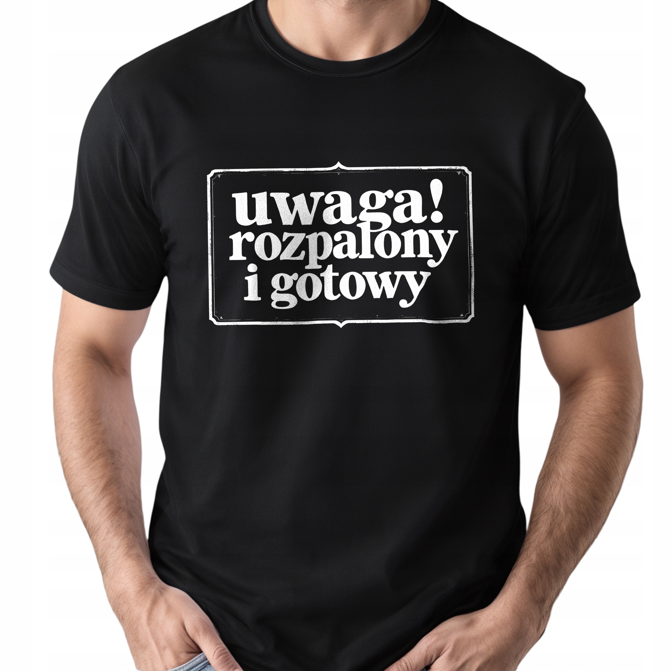 Koszulka czarna męska Uwaga Rozpalony I Gotowy Zabawny Prezent r. 3XL